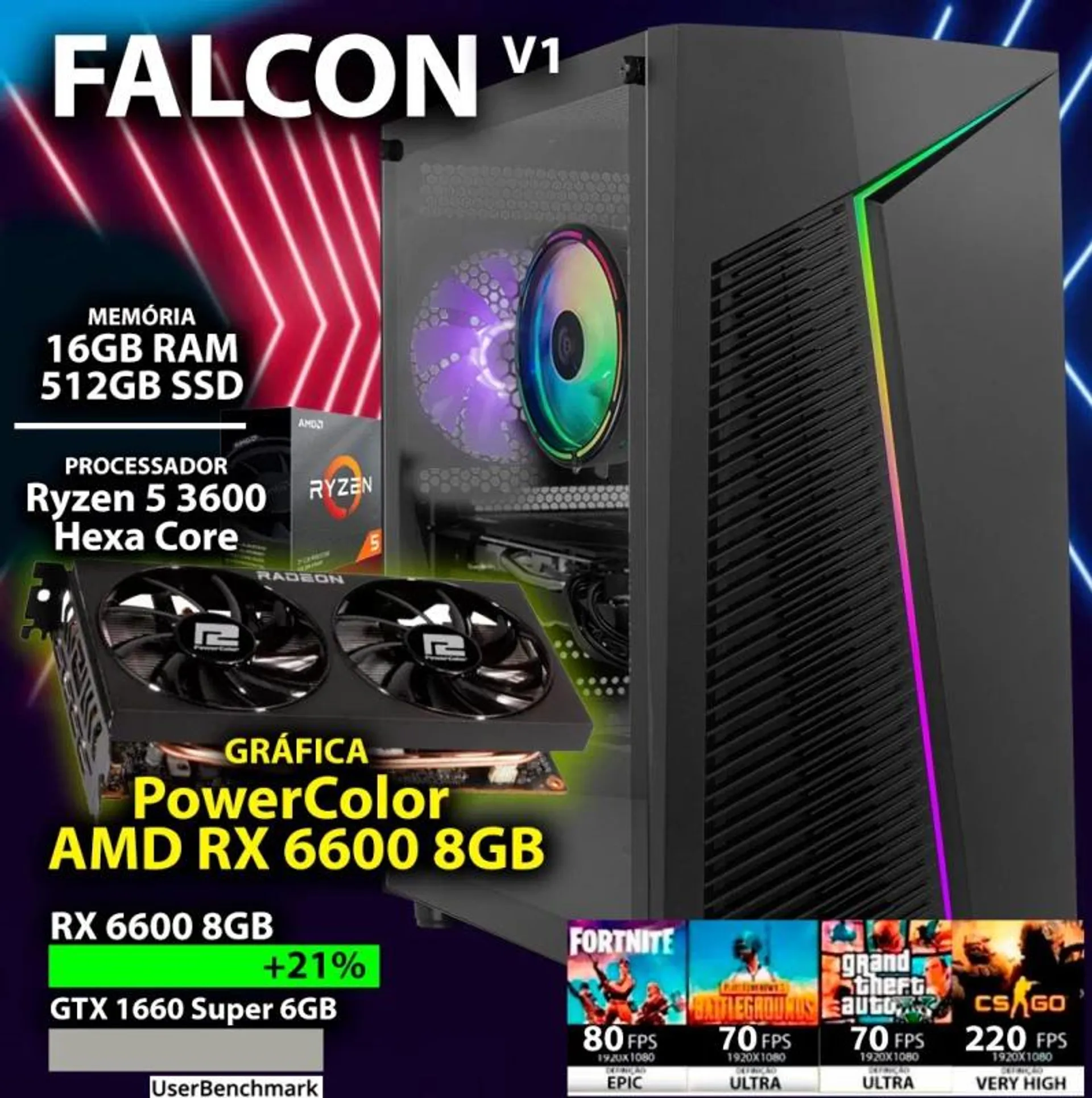 Computador Gaming - AMD Ryzen 5 3600 / AMD RX 6600 8GB / 16GB RAM / 512GB SSD - CHIP7 FALCON V1