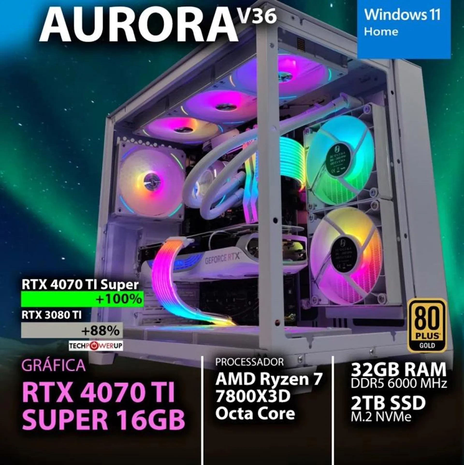 COMPUTADOR GAMING - AMD Ryzen 7 7800X3D / RTX 4070 TI SUPER 16GB / 32GB RAM / 2TB SSD / Windows 11 Home - CHIP7 AURORA V36