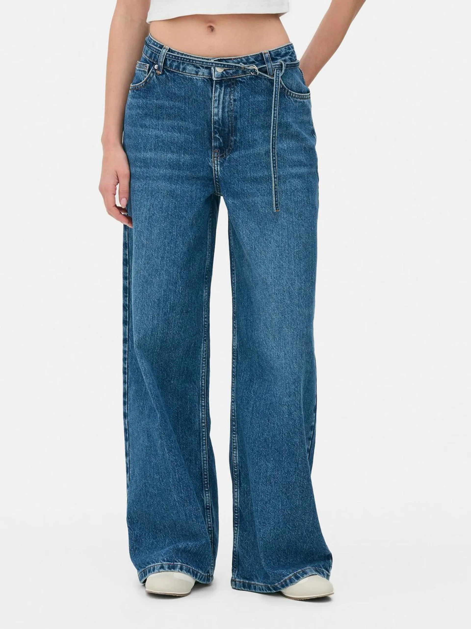 D-Ring Belted Wide Leg Jeans