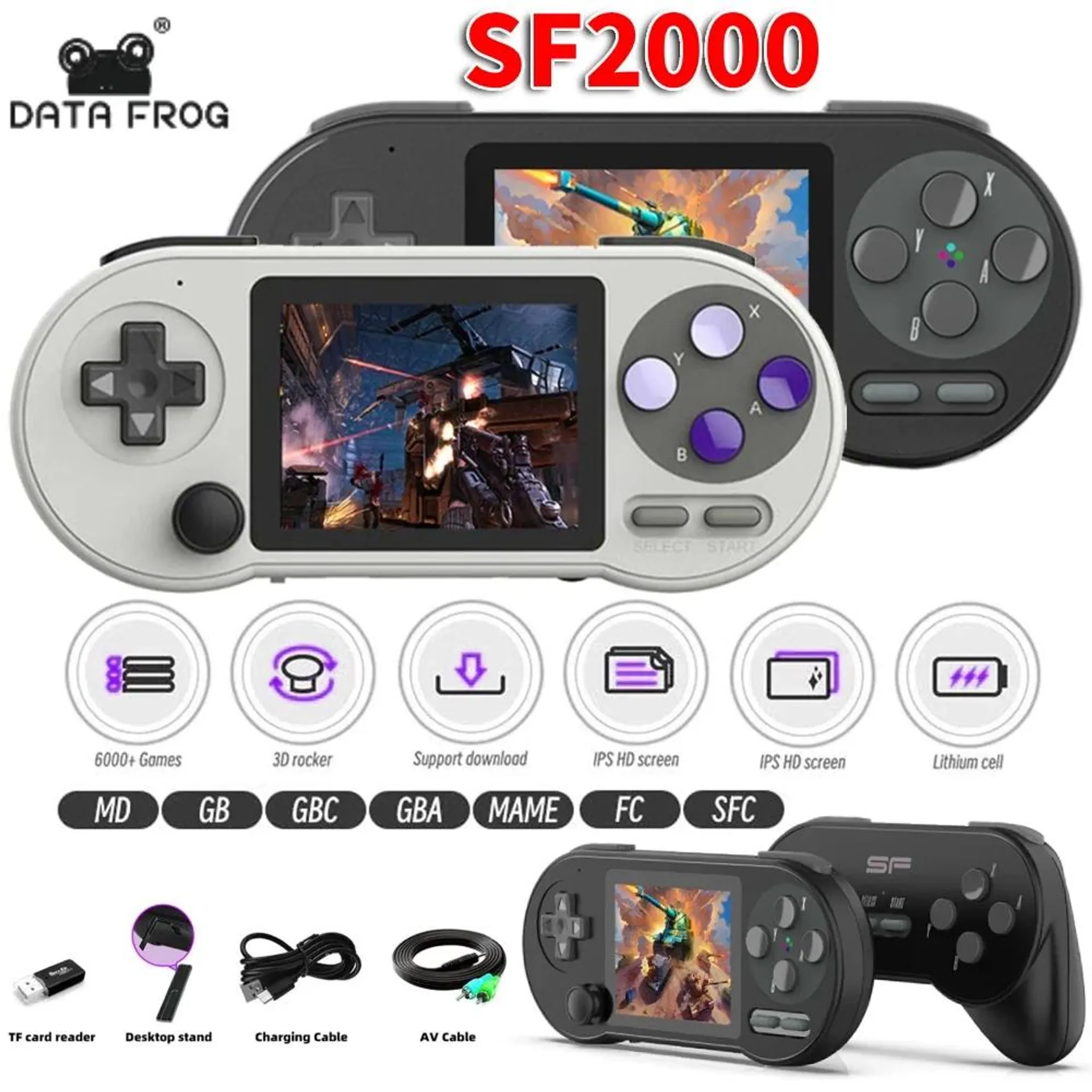 DATA FROG SF2000 3 inch Handheld Game Console Player Mini Portable Game Console Built-in 6000 Games Retro Game Support AV Output