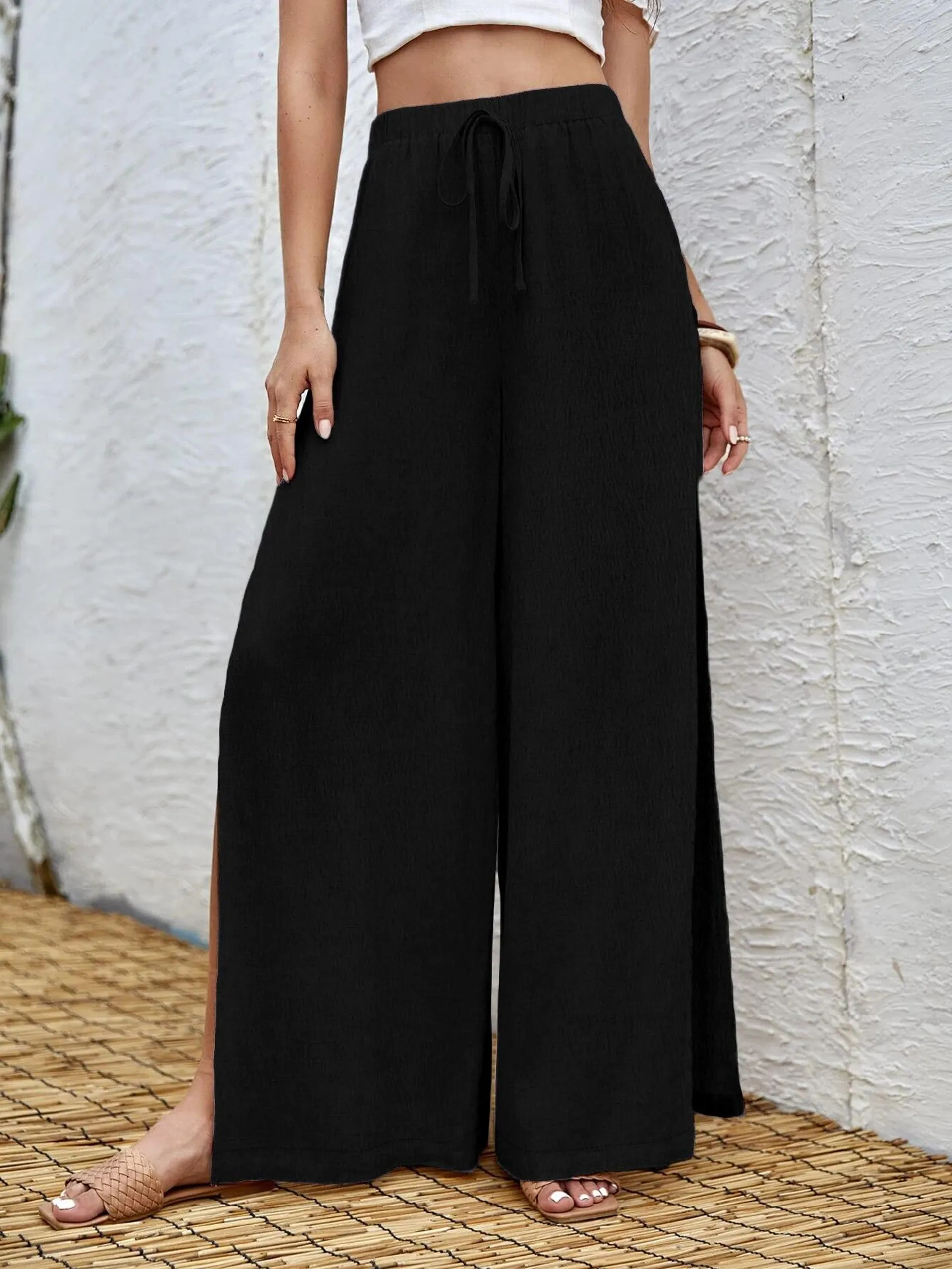 Spring Summer Women's Casual Elastic Waist Wide Leg Pants Solid Color Loose Female All-match Long Trousers New