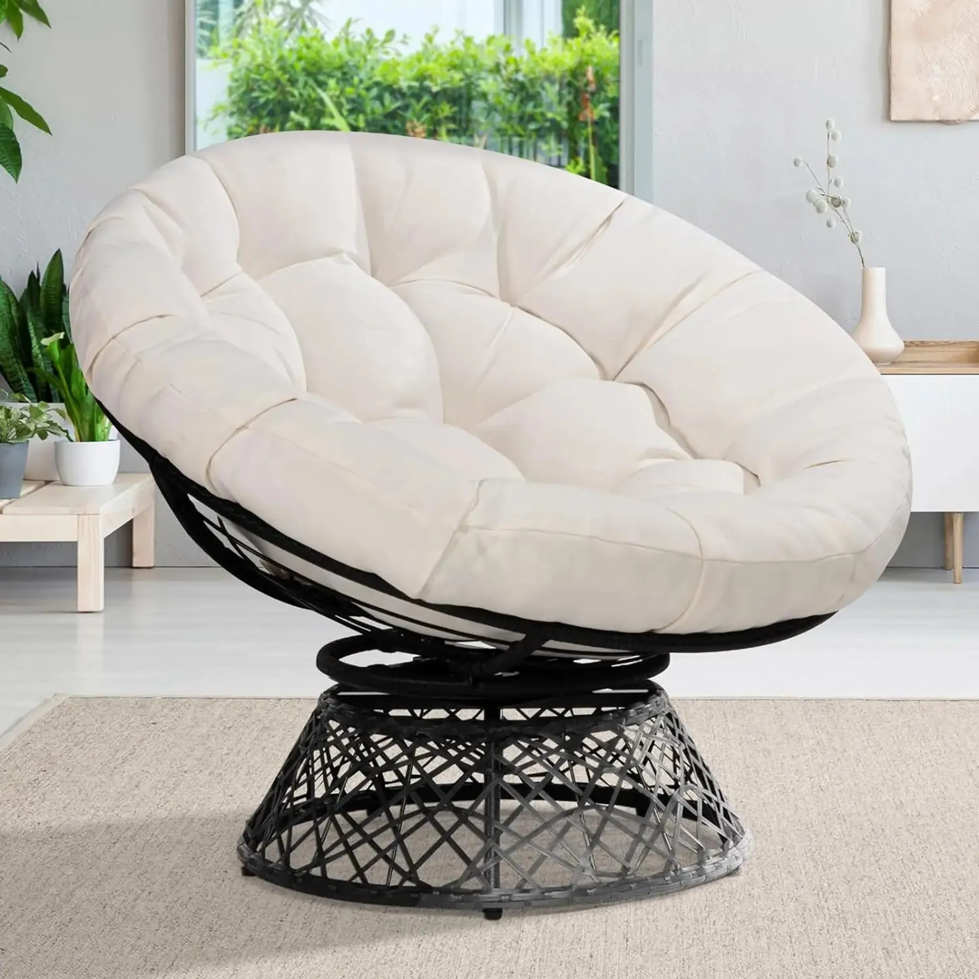 Ergonomic Wicker Papasan Chair with Soft Thick Density Fabric Cushion, High Capacity Steel Frame, 360 Degree Swivel for Living