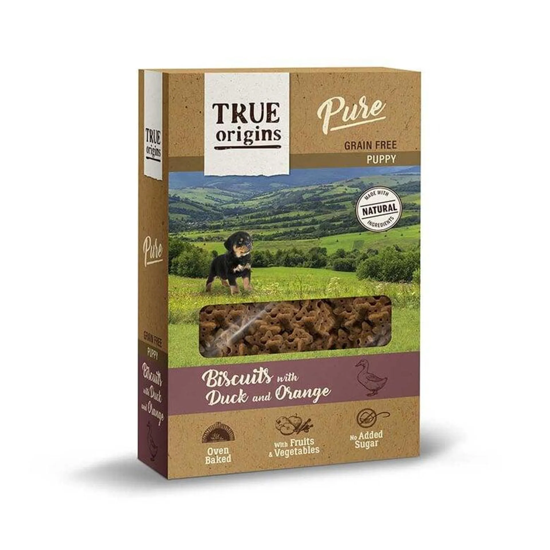 True Origins Pure Puppy Pato com Laranja biscoitos para cachorros