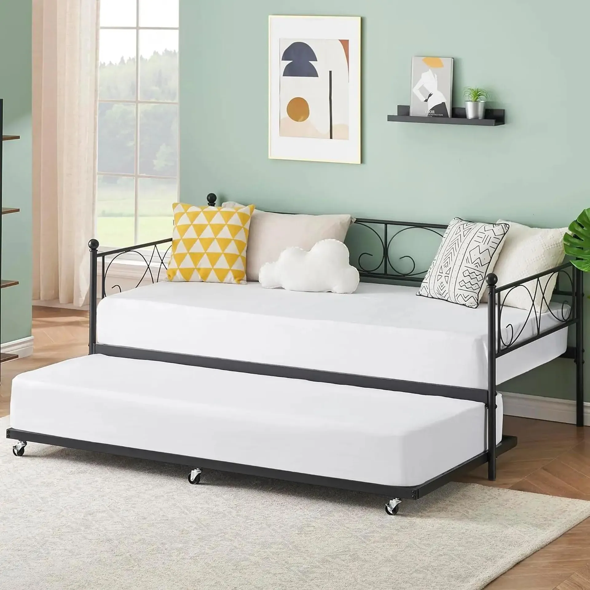 Metal Daybed Frame with Trundle Heavy Duty Metal Slats/Mattress Foundation Platform Sofa Bed with Headboard for Bedroom, Twin