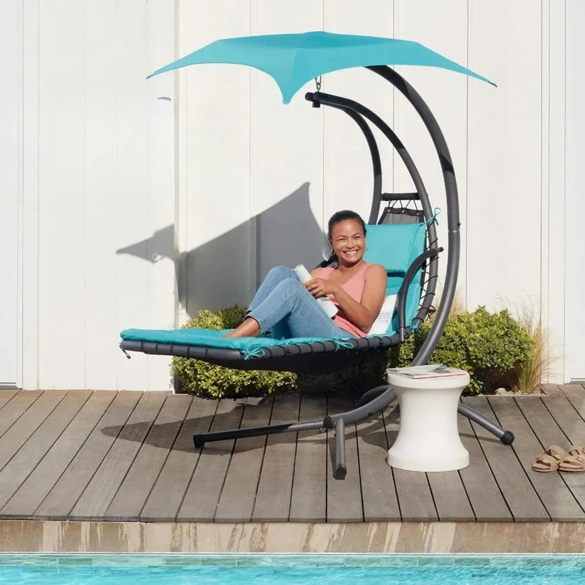 Outdoor Hanging Curved Steel Chaise Lounge Chair, Swing w/Built-in Pillow and Removable Canopy