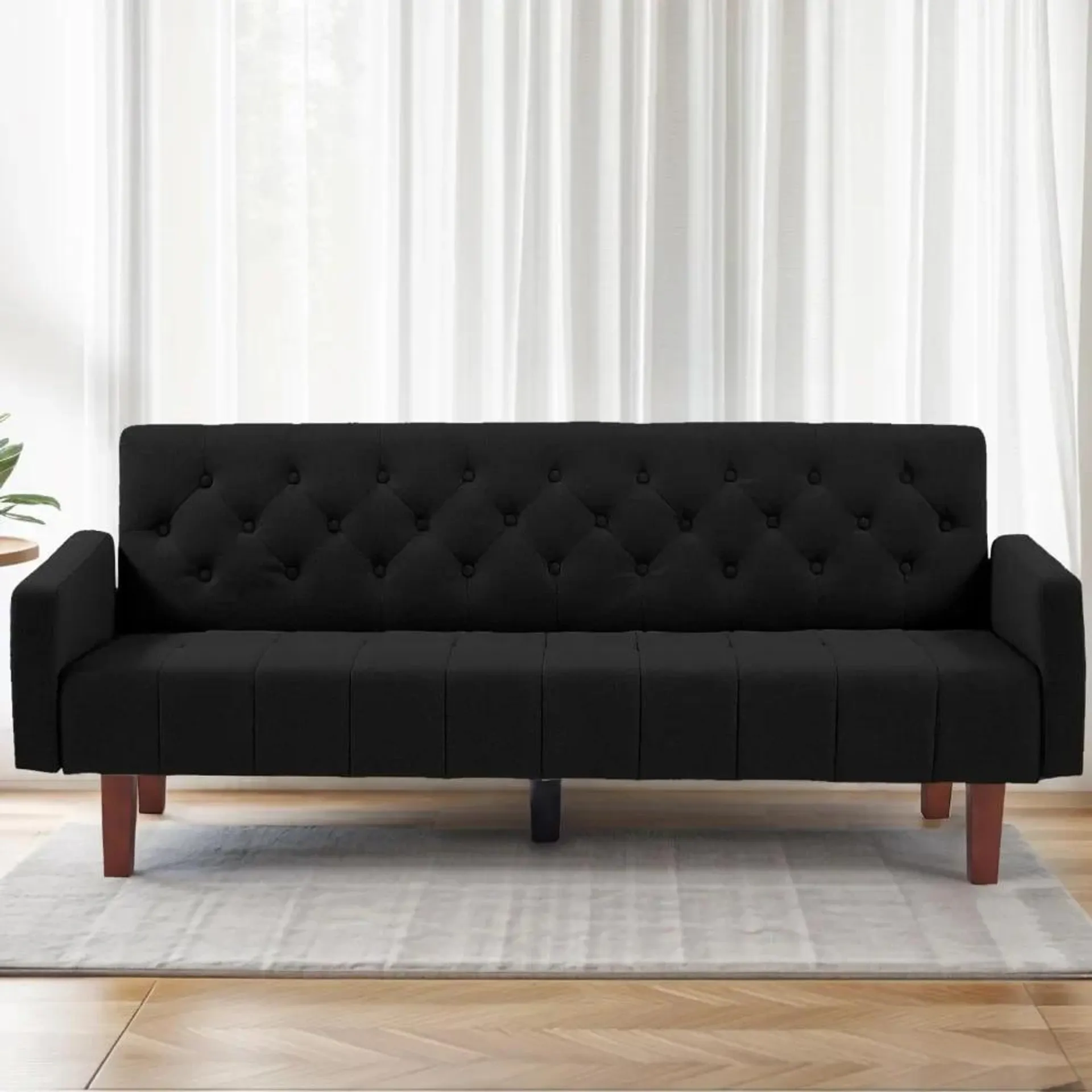 Black Tufted Back Sofa Bed Mid-Century Convertible Sleeper Futon With Tapered Wood Legs for Living Room Apartment Lounge Sofas