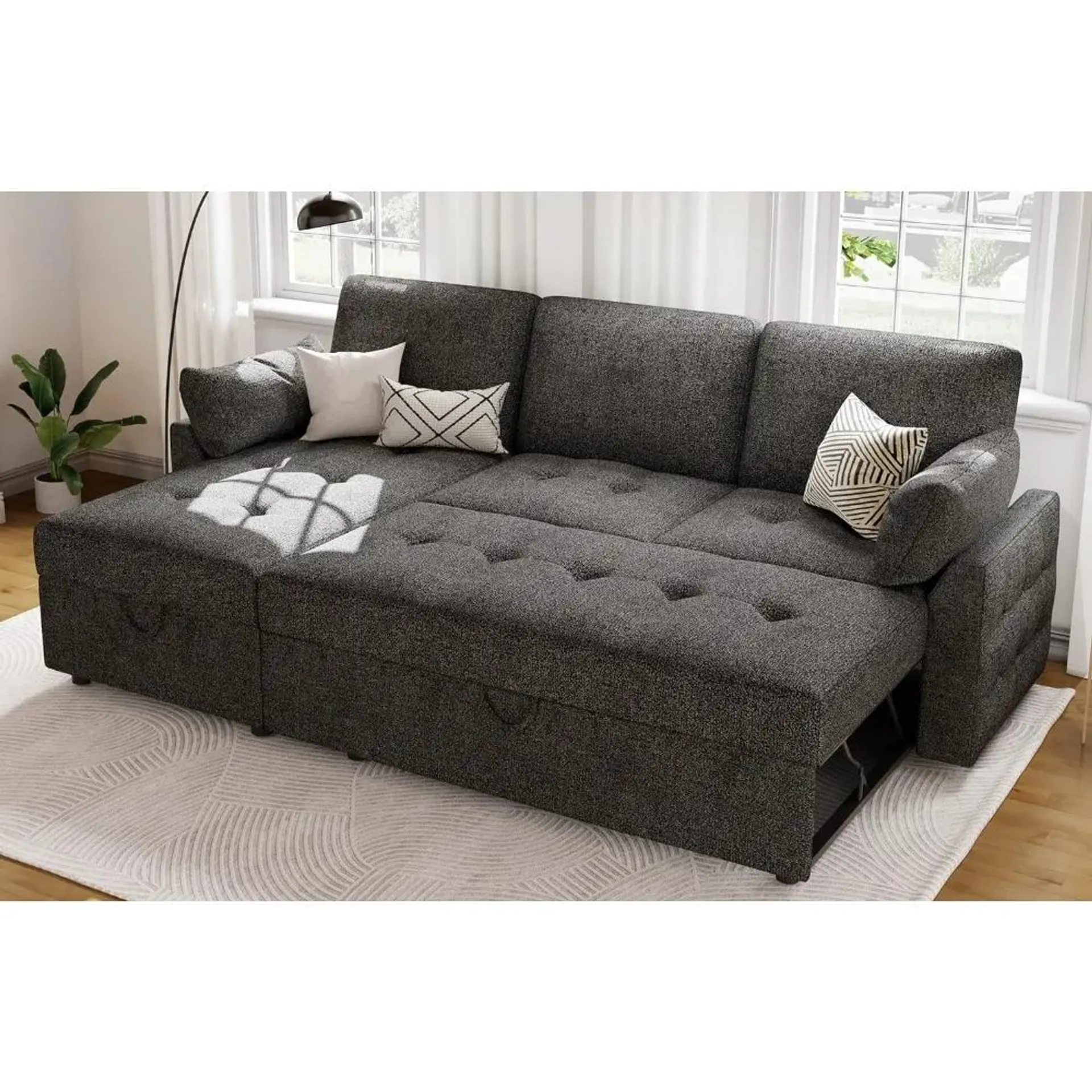 Pull Out Convertible Sleeper Sofa Bed with Storage Chaise, Tufted Sectional Couch for Living Room (Dark Grey)