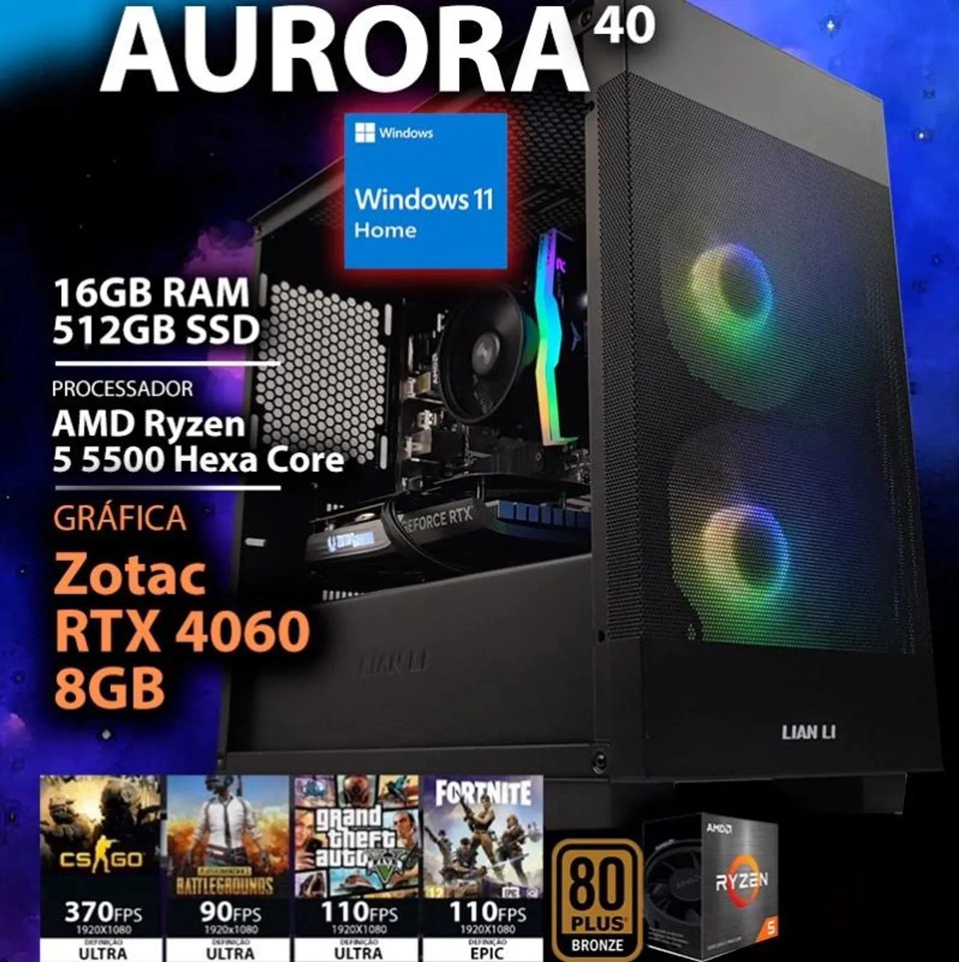 COMPUTADOR GAMING - AMD RYZEN 5 5500 / RTX 4060 8GB / 16GB RAM / 512GB SSD / Windows 11 Home - CHIP7 AURORA V40