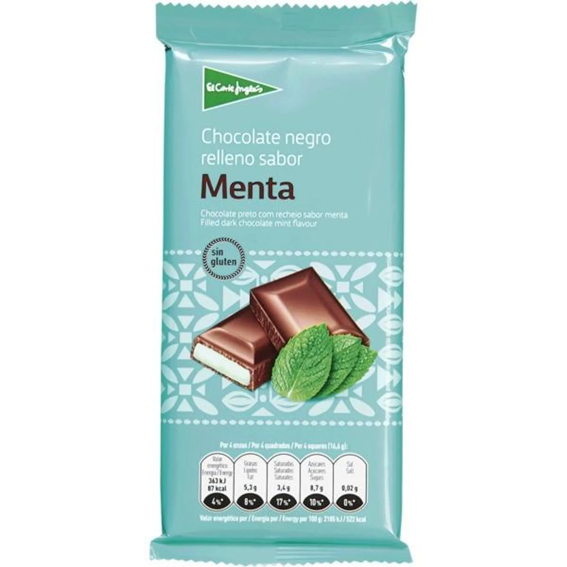 Chocolate Preto com Recheio de Menta sem Glúten embalagem 100 g El Corte Inglés