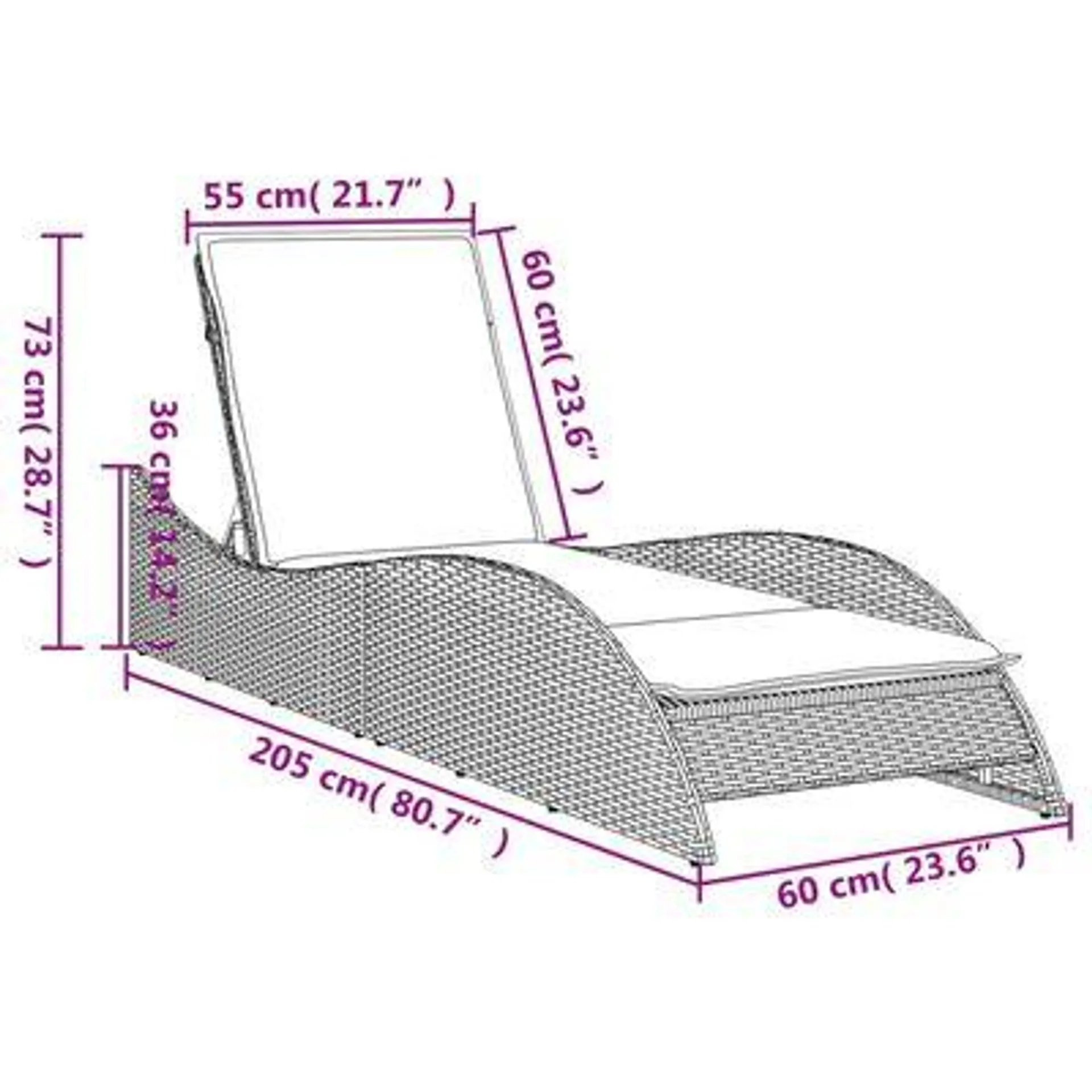 vidaXL Espreguiçadeira com almofadão 60x205x73 cm vime PE cinzento