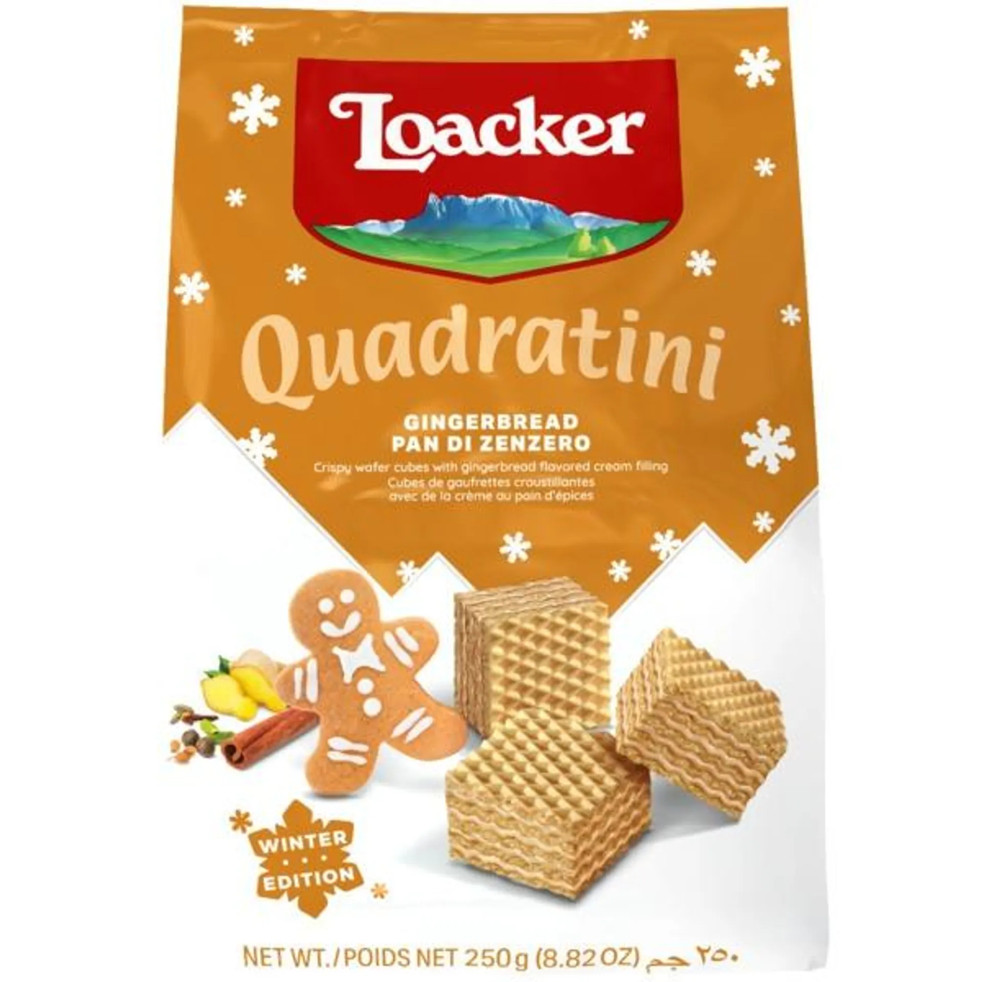 Bolachas Waffer com Gengibre Quadratini embalagem 250 g Loacker