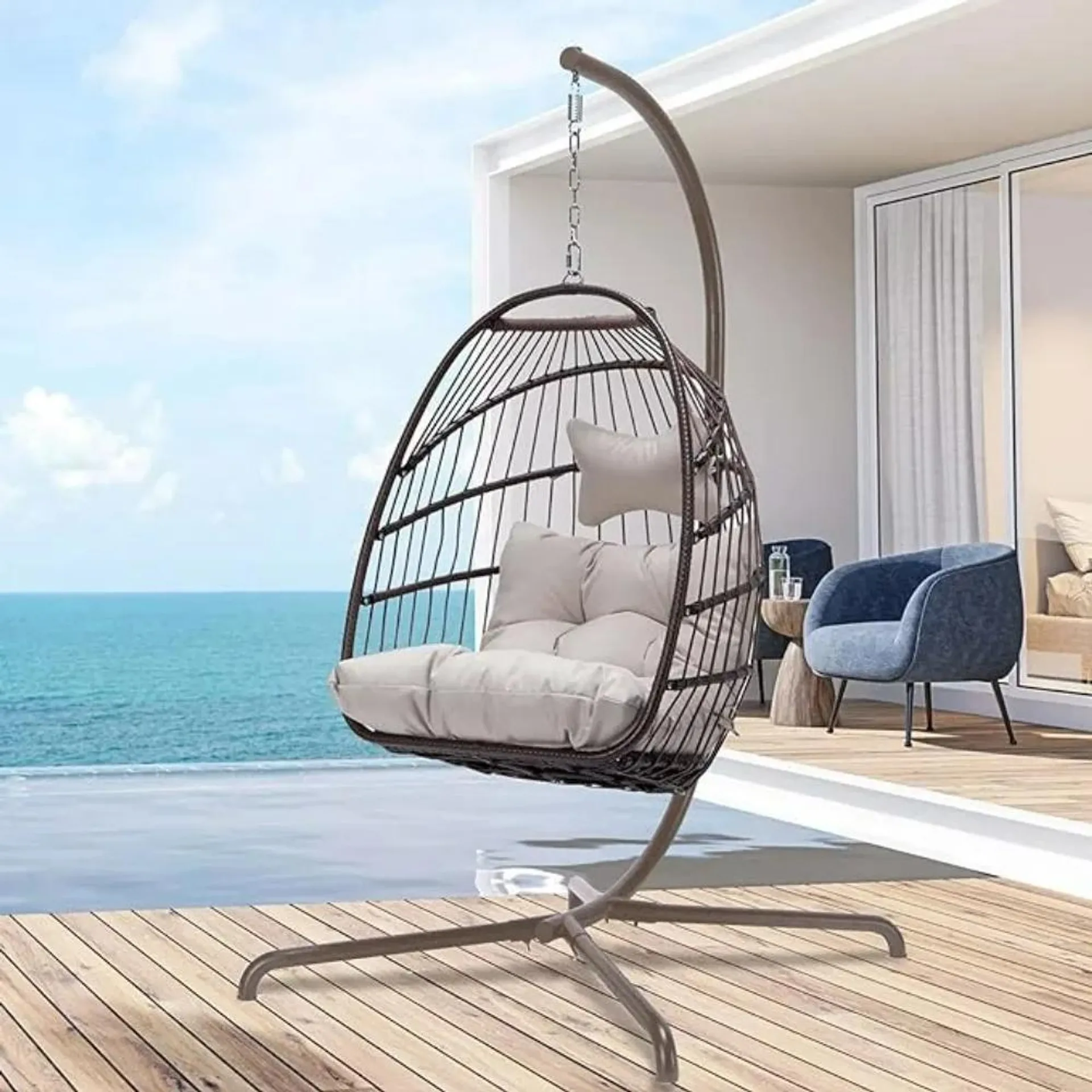 Swing Egg Chair with Stand Indoor Outdoor Wicker Rattan Patio Basket Hanging Chair with UV Resistant Cushions 350lbs Capacity