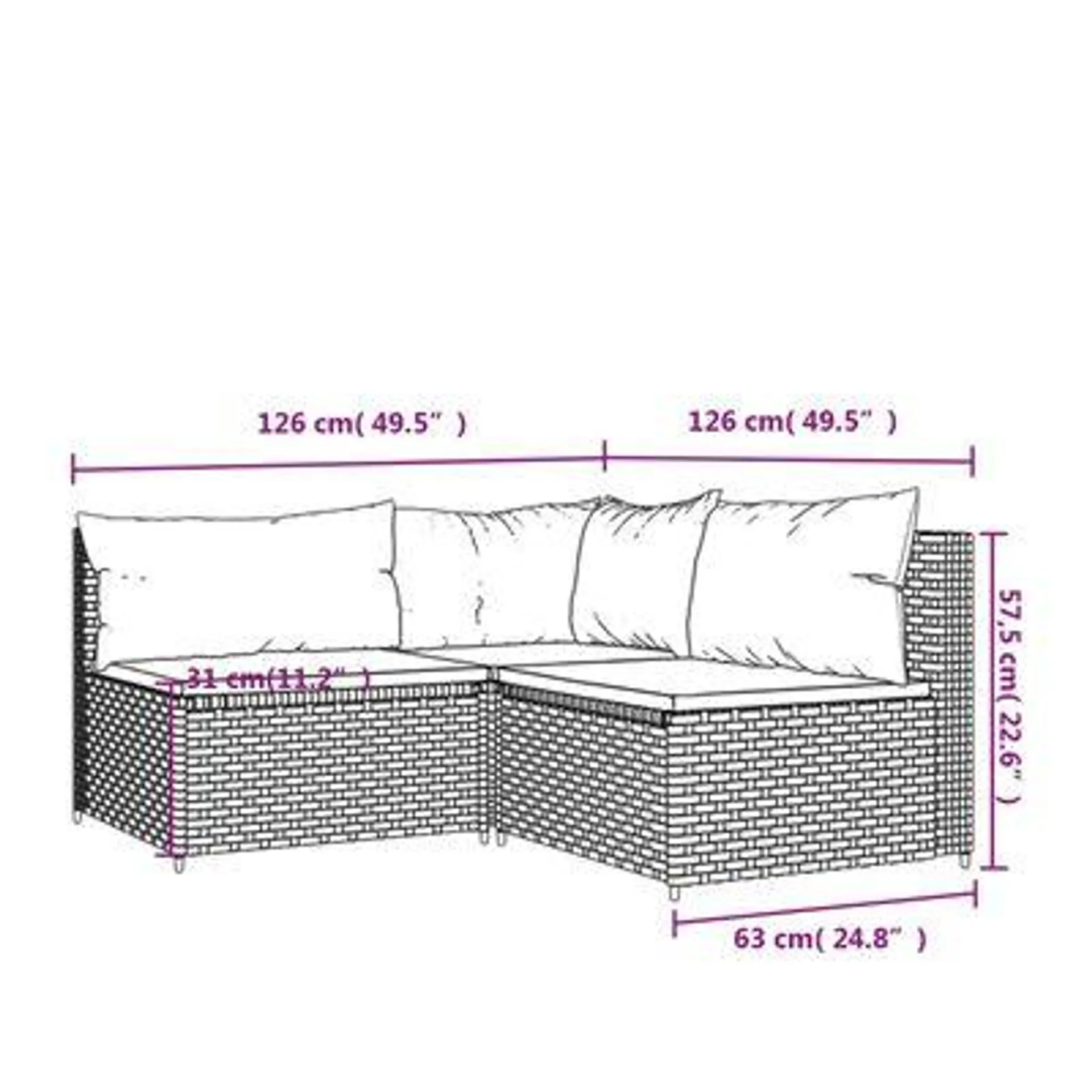 vidaXL 3 pcs conjunto lounge de jardim c/ almofadões vime PE preto