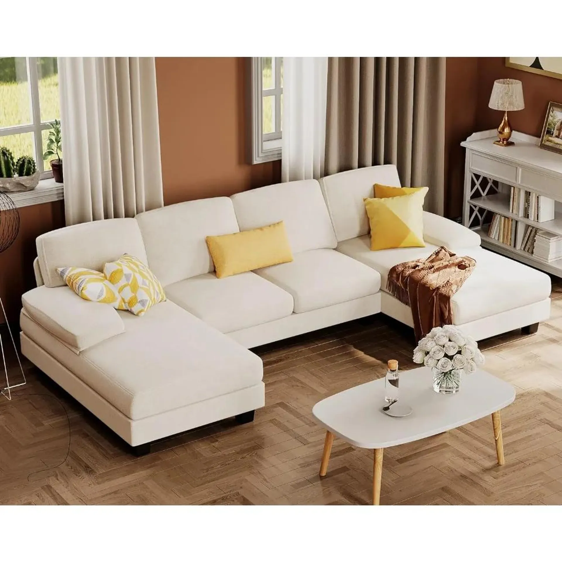 Living Room Sofa, U-Shaped Sofas Couch with Linen Fabric, 4 Seat Sofas Sets with Double Chaise for Apartment, Living Room Sofa