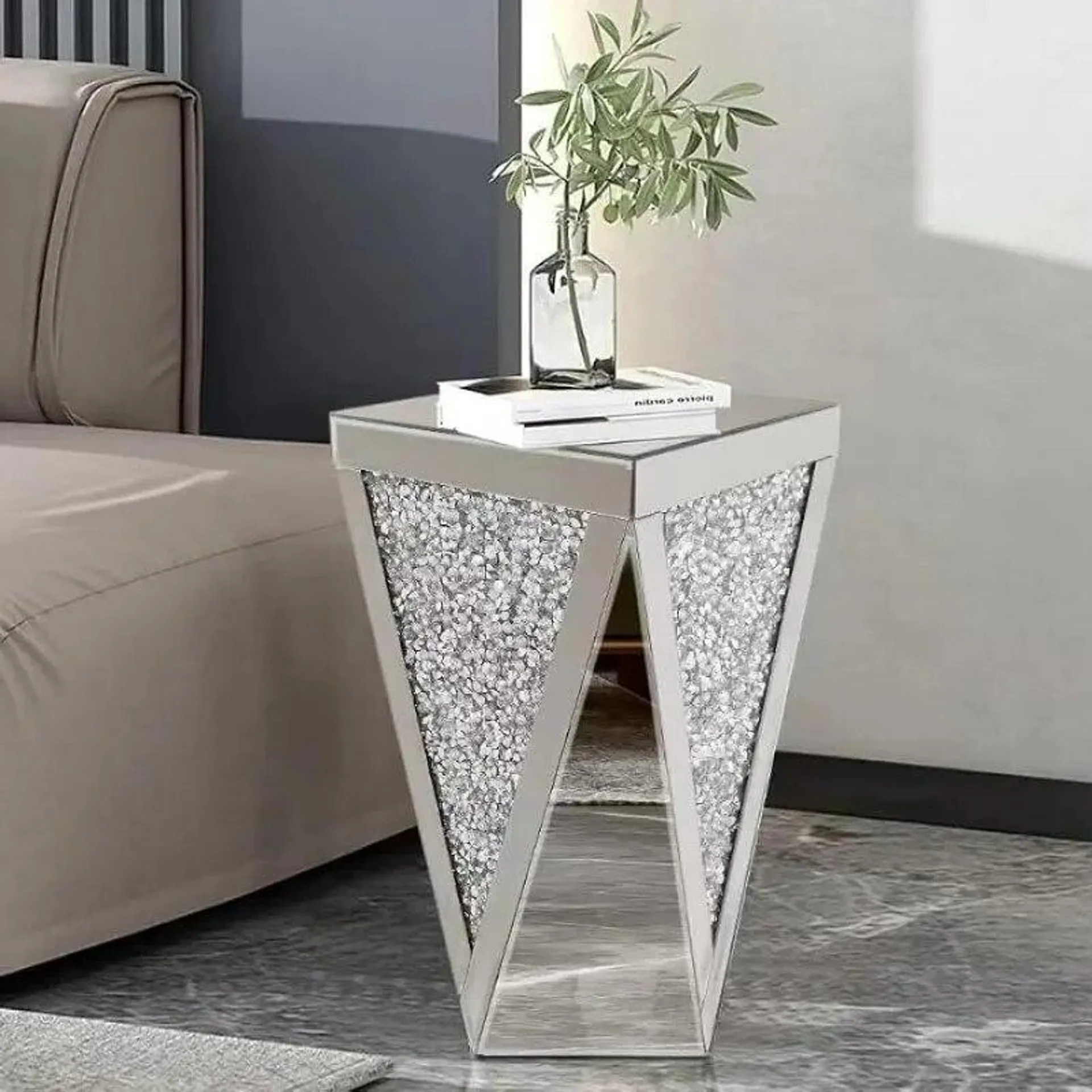Pregaspor Silver Mirrored End Table, Crystal Inlay Side Table Accent Table, Small Mirrored Coffee Table for Living Room, Bedroom