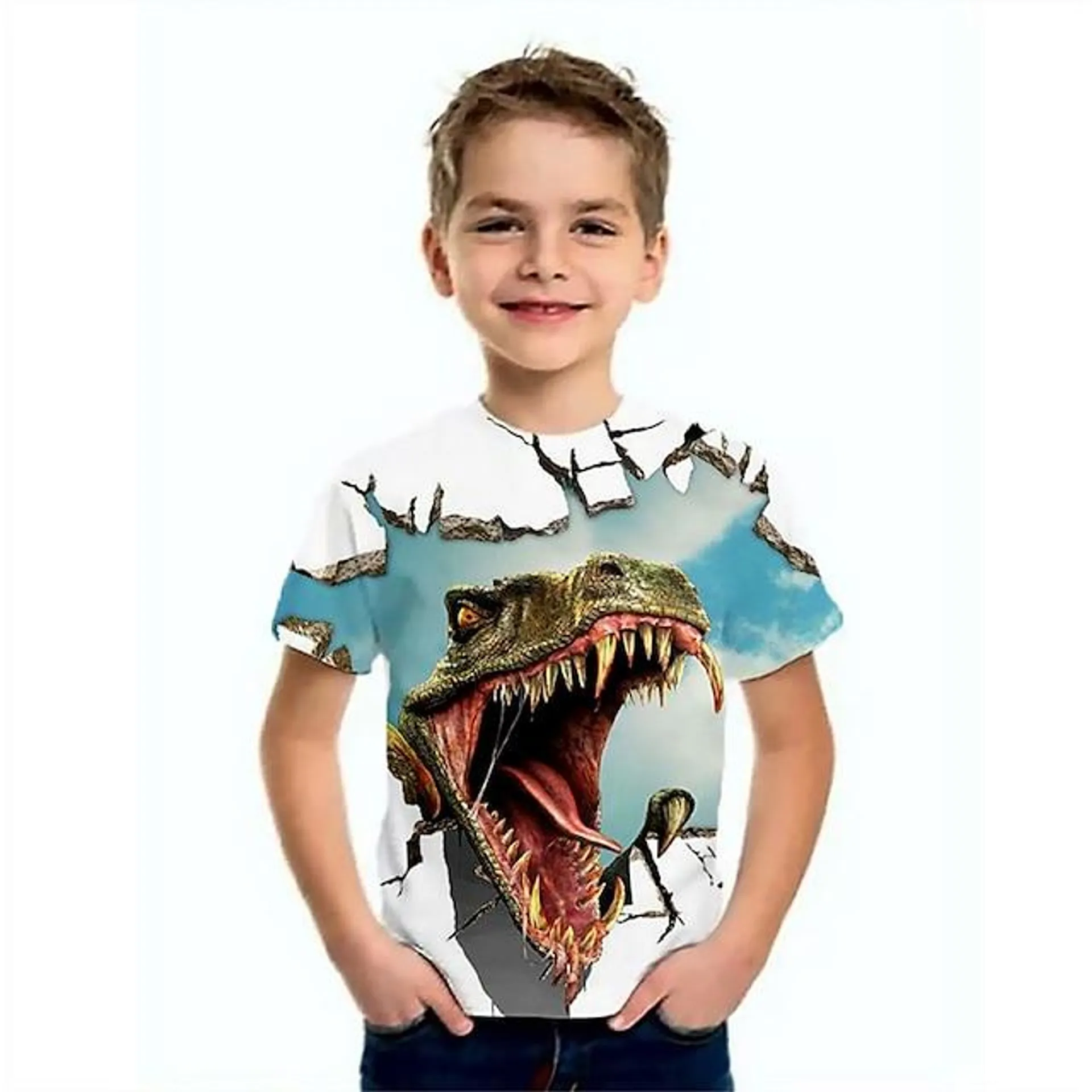 Kinderen Jongens T-shirt Korte mouw Licht Blauw Meerblauw Marine 3D-afdrukken Dinosaurus dier School Dagelijks Voor Binnen Basic Stoer 3-12 jaar / Zomer