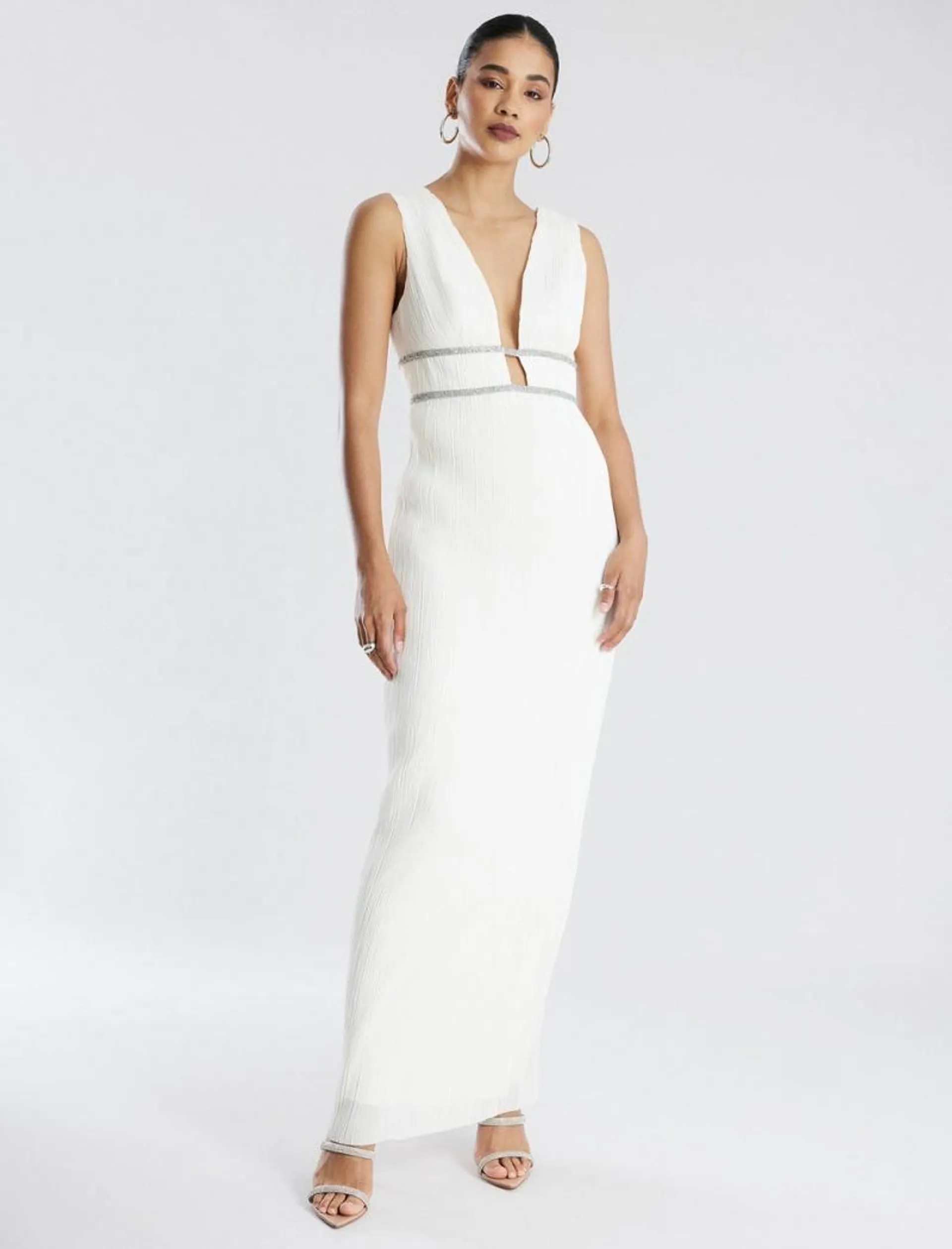 Vestido Maxi BCBGMAXAZRIA Clara Plissado Gown Branco | XRJUO-1760