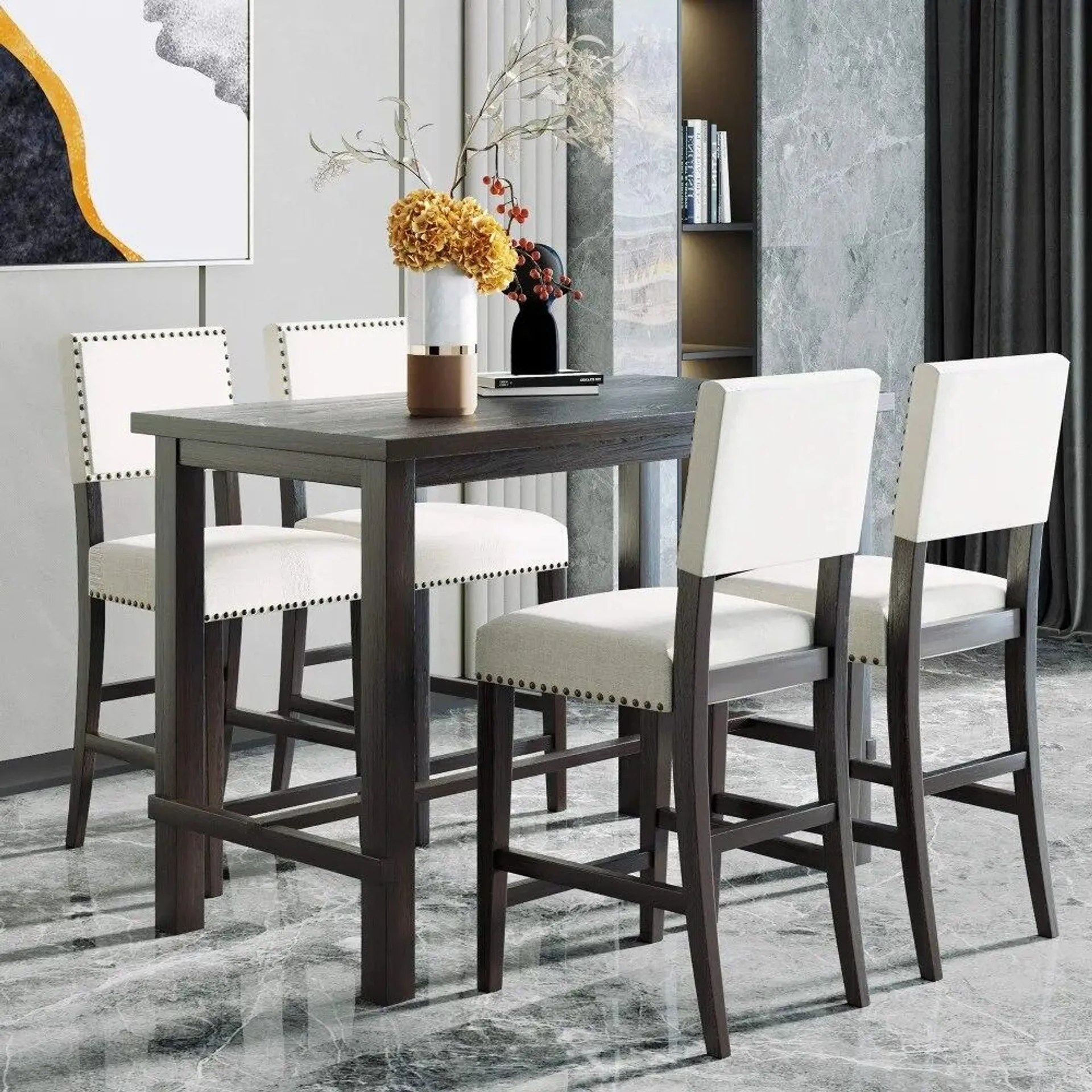 2024 New 5-Piece Wooden Counter Height Dining Table Set with 4 Padded Chairs with Nailhead Trim, Espresso + Beige