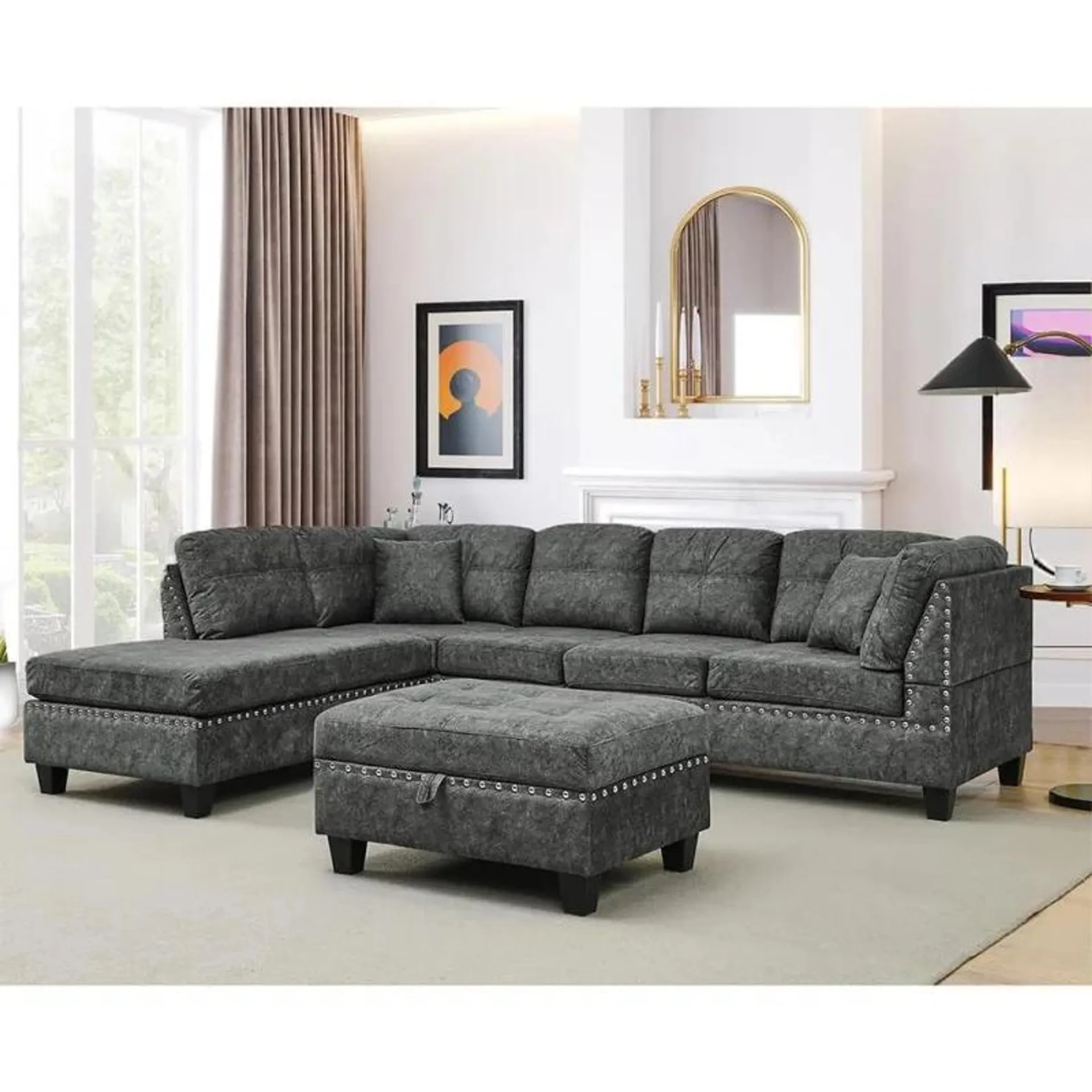 Living Room Furniture Sets,Sectional Sofa with Storage Ottoman,L-Shaped 2 Pillows&Extra Wide Reversible Chaise,Upholstered C