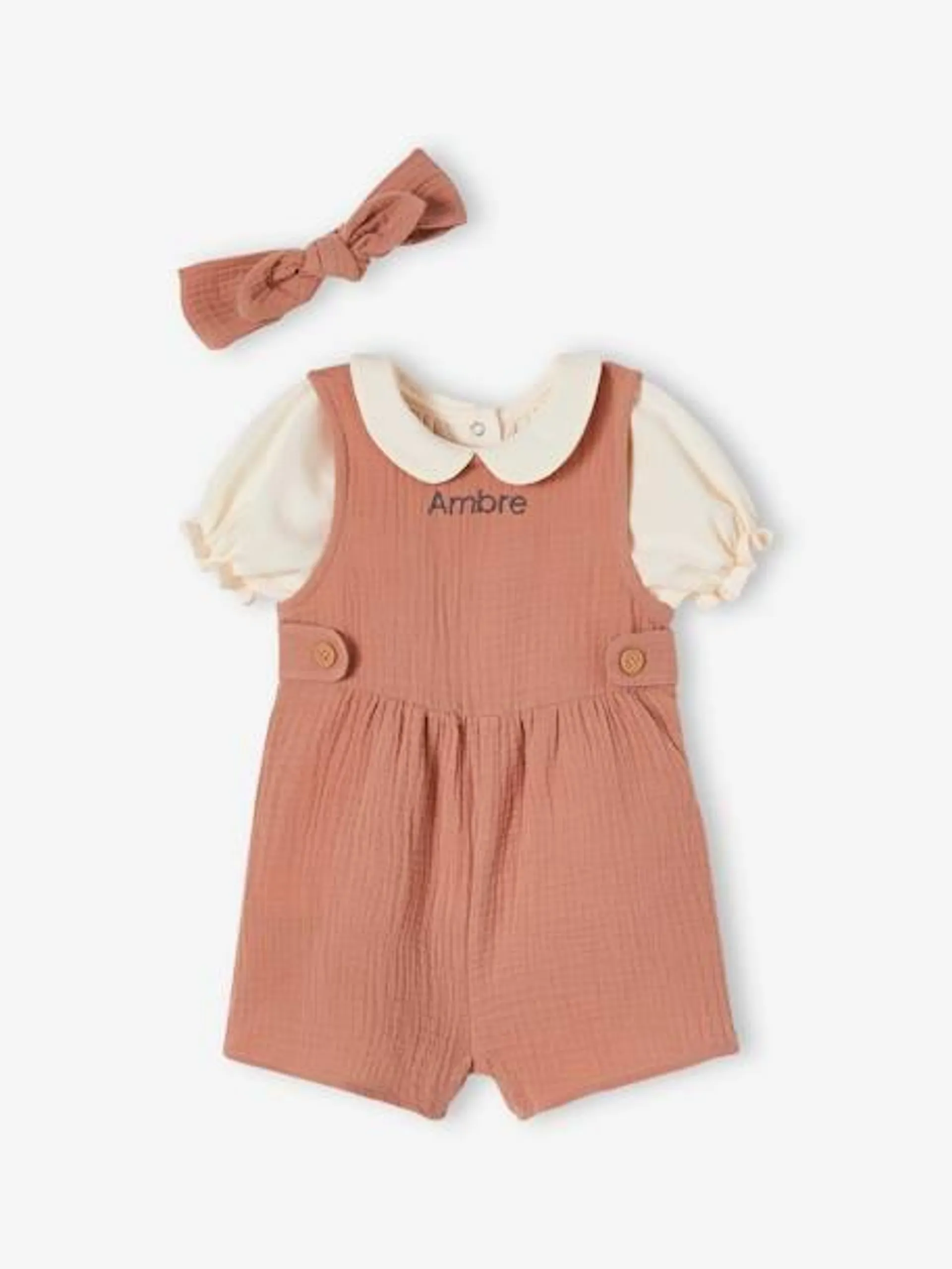 Ensemble 3 pièces bébé personnalisable - vieux rose