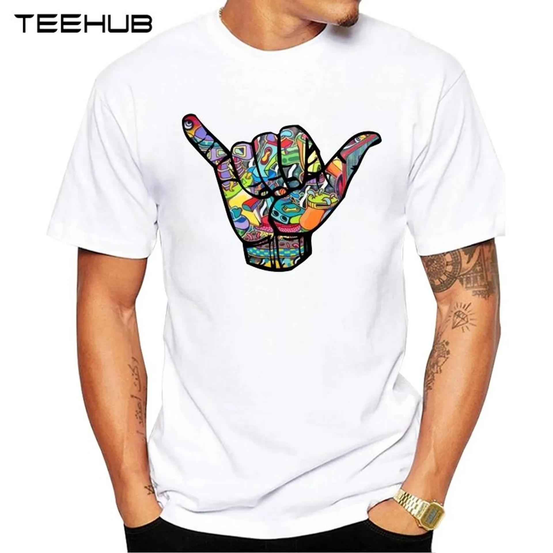 TEEHUB Men's New Fashion Hang Loose Shaka Hand Symbol Design Short Sleeve T-Shirt Cool Printed Tops Hipster Tee Shirts