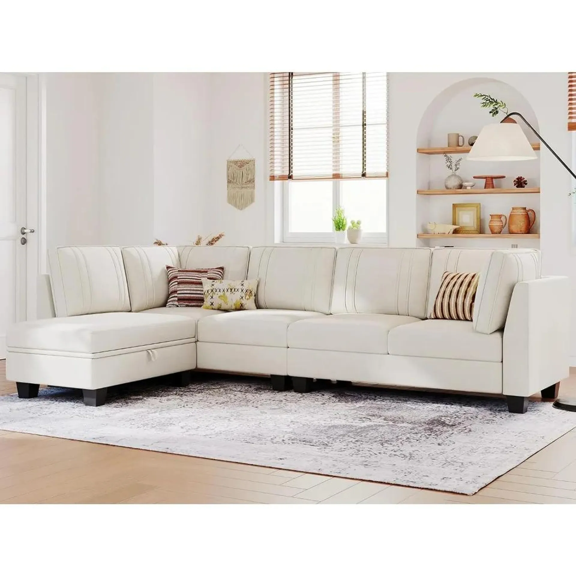 L Shaped Sofa Velvet Reversible Sectional Sofa with Storage Ottoman Convertible Cream L-Shaped Sofa Beige living room furniture