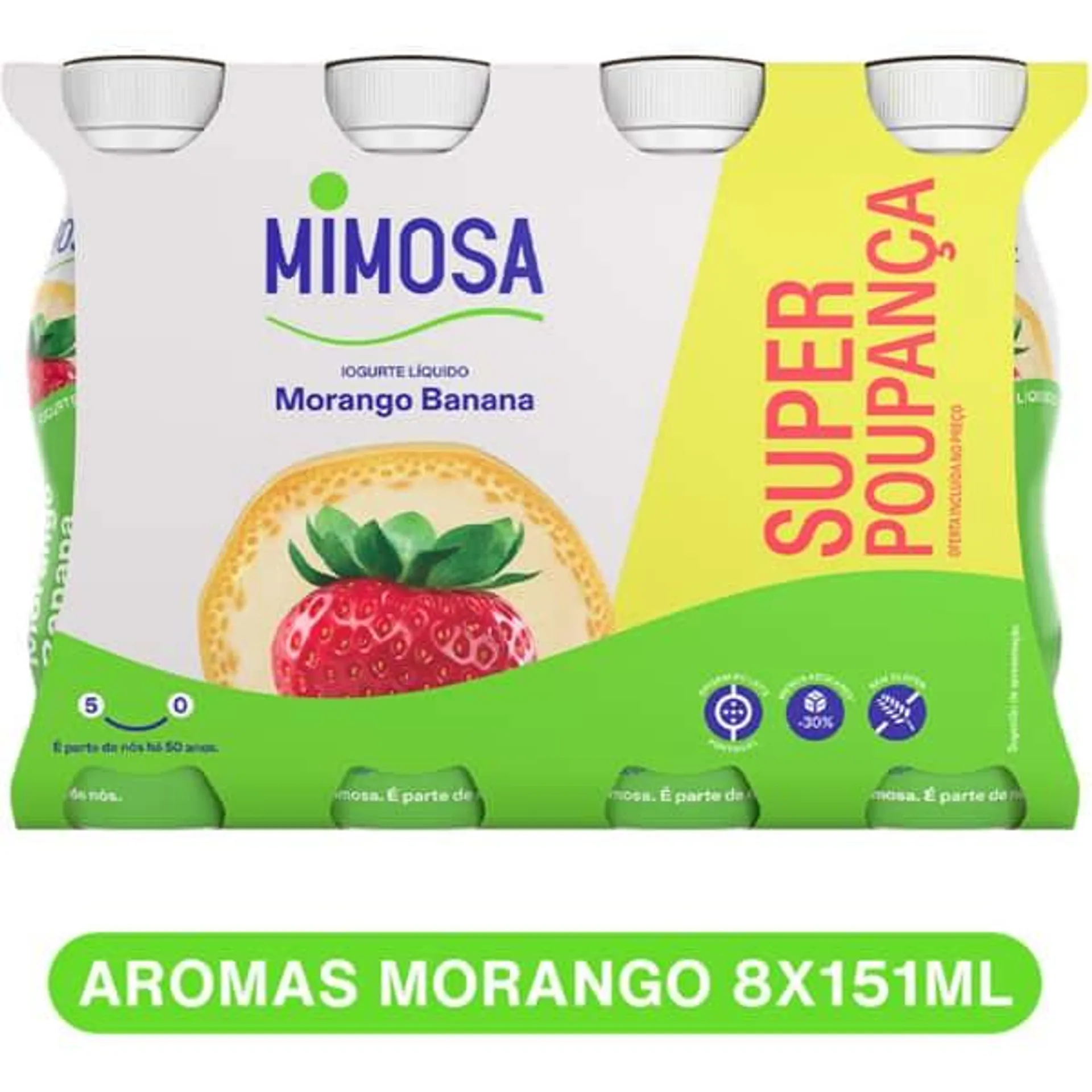 Iogurte Líquido sabor Banana e Morango Pack 8 unidades embalagem 151 ml Mimosa