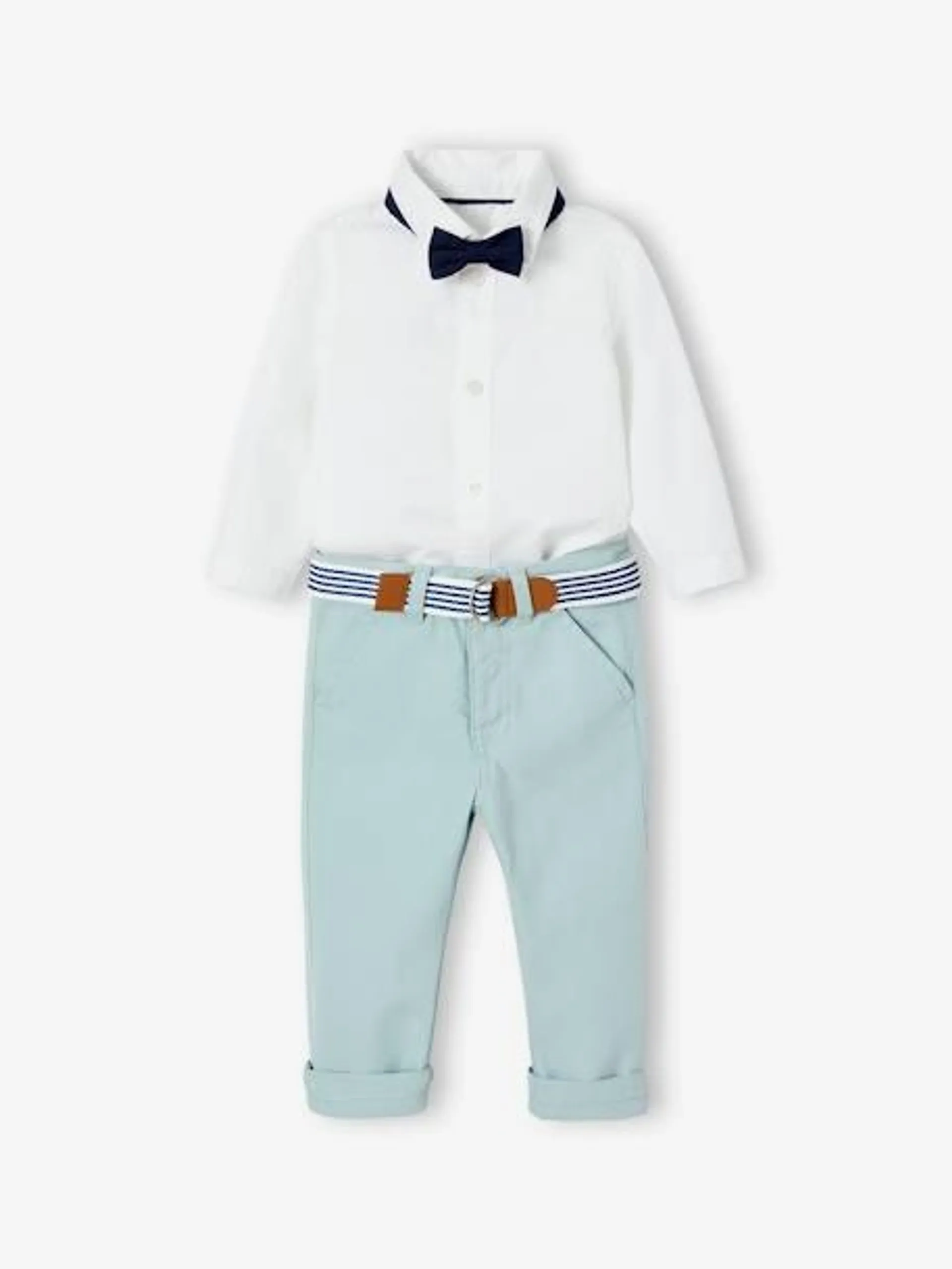 Ensemble de cérémonie bébé pantalon avec ceinture, chemise et noeud papillon - blanc