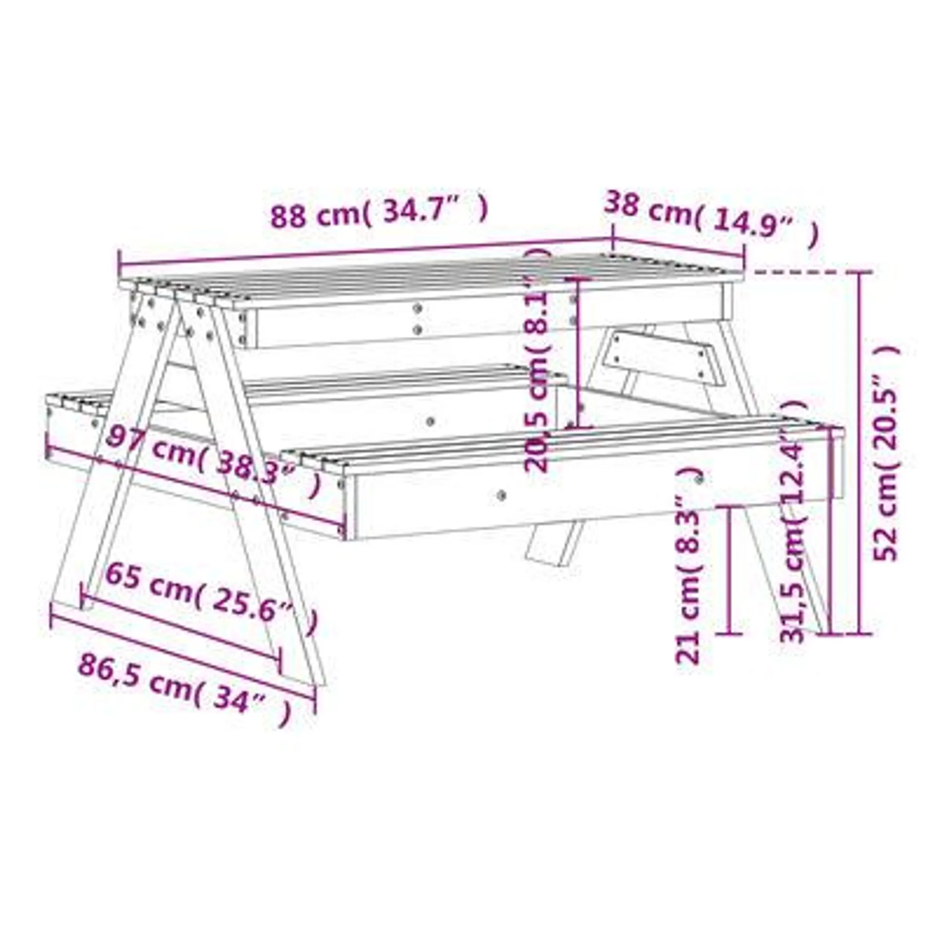 vidaXL Mesa de piquenique para crianças 88x97x52 cm pinho impregnado