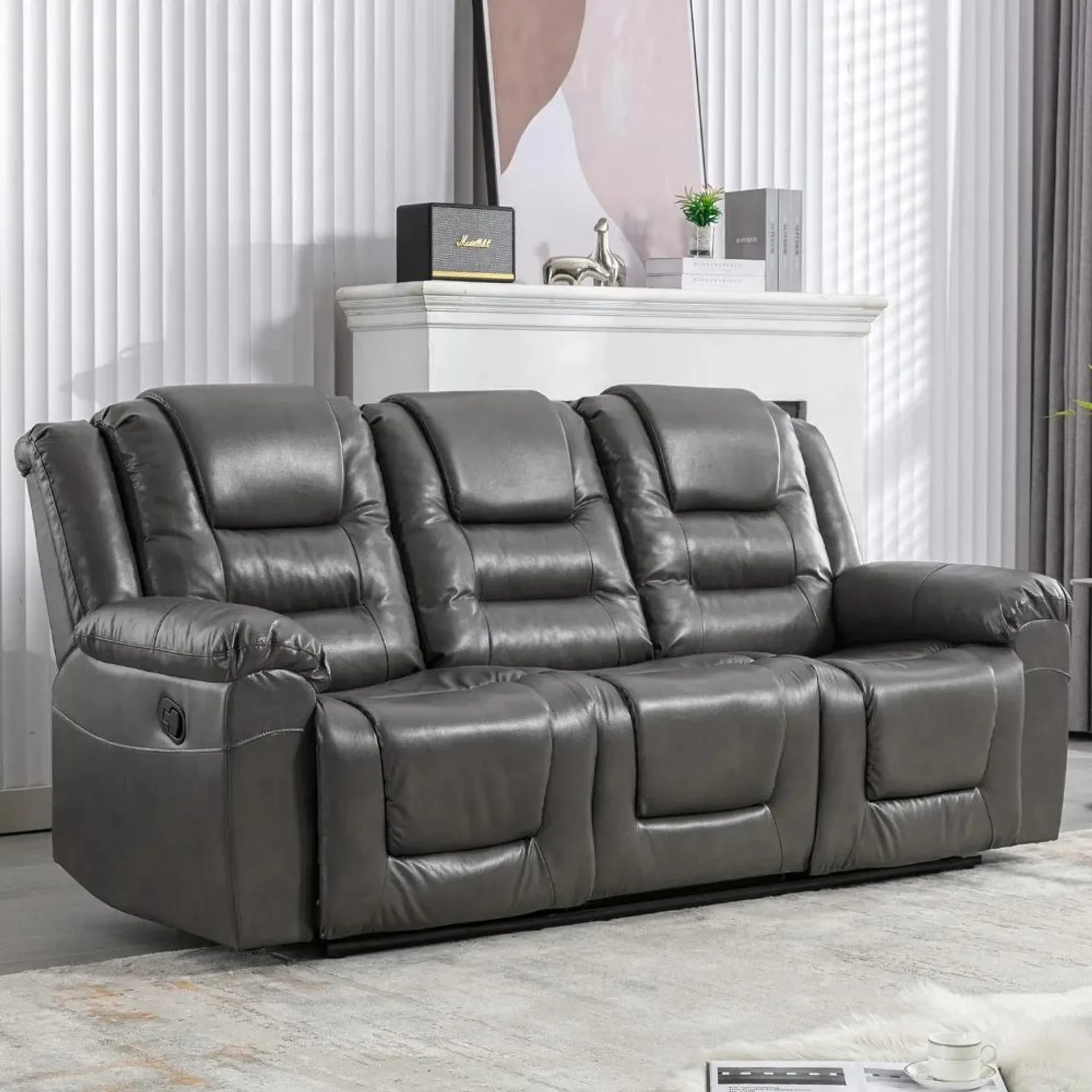 Leather Reclining Sofa Set,Home Theater Seating with Center Console,Flipped Middle Backrest,Office,Home Theater,RV (Grey)