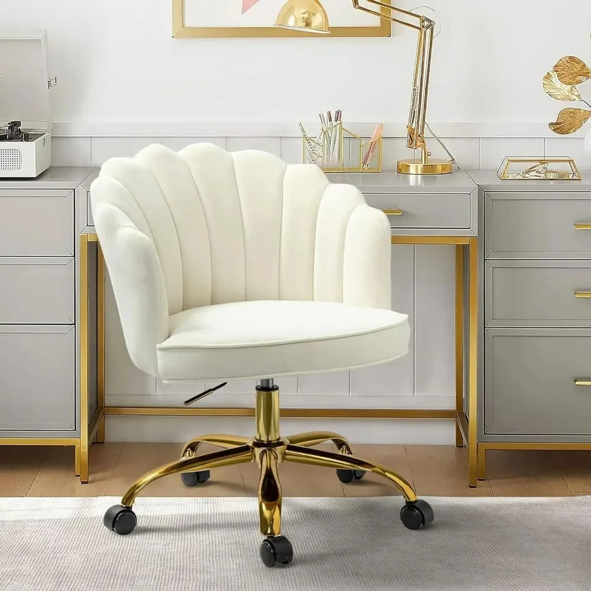 Velvet Home Office Chair with Gold Base, Womans Modern Cute Shell Back Upholstered Desk Chair for Vanity