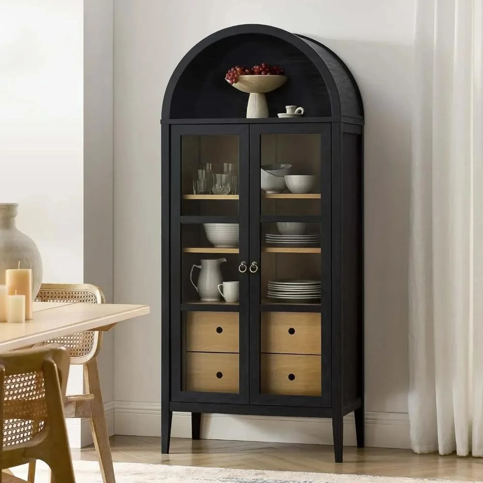 Modern Farmhouse 71" Tall Arched Storage Display Cabinet in Black Oak Wood Grain