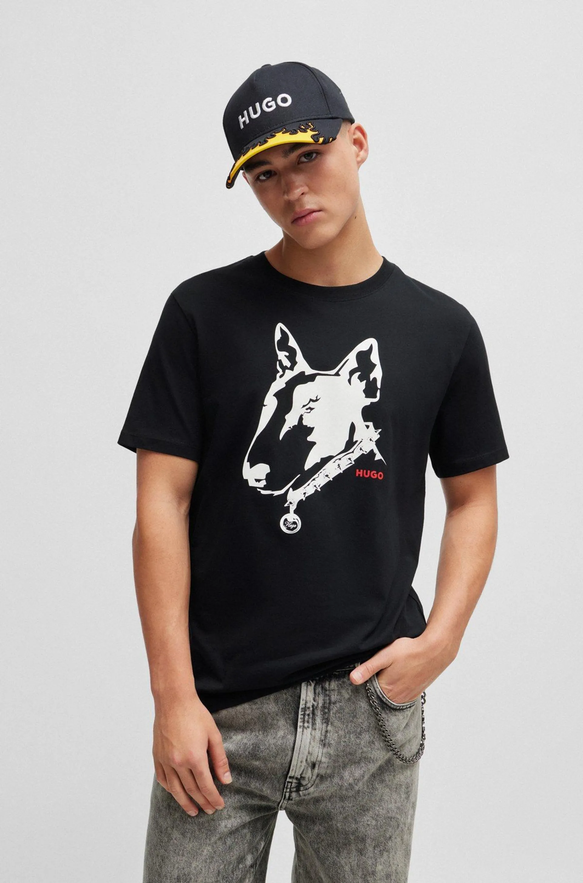 T-shirt em jersey de algodão com arte de cão