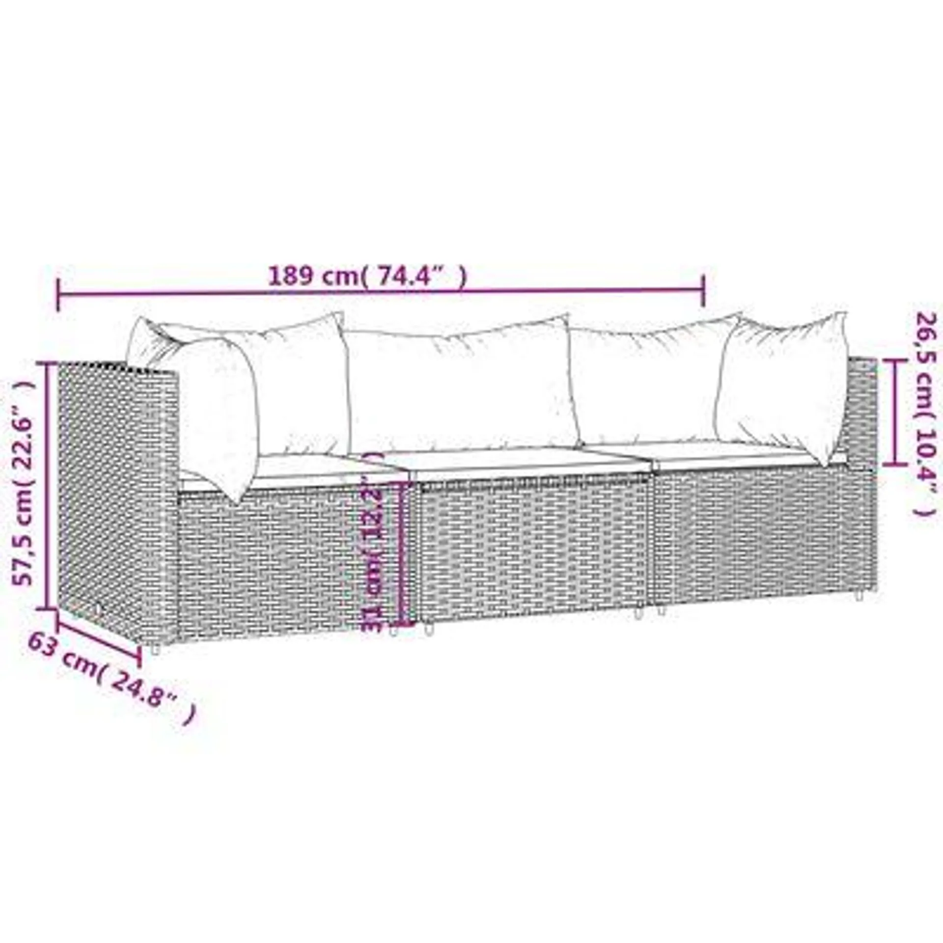 vidaXL 3 pcs conjunto lounge jardim c/ almofadões vime PE castanho