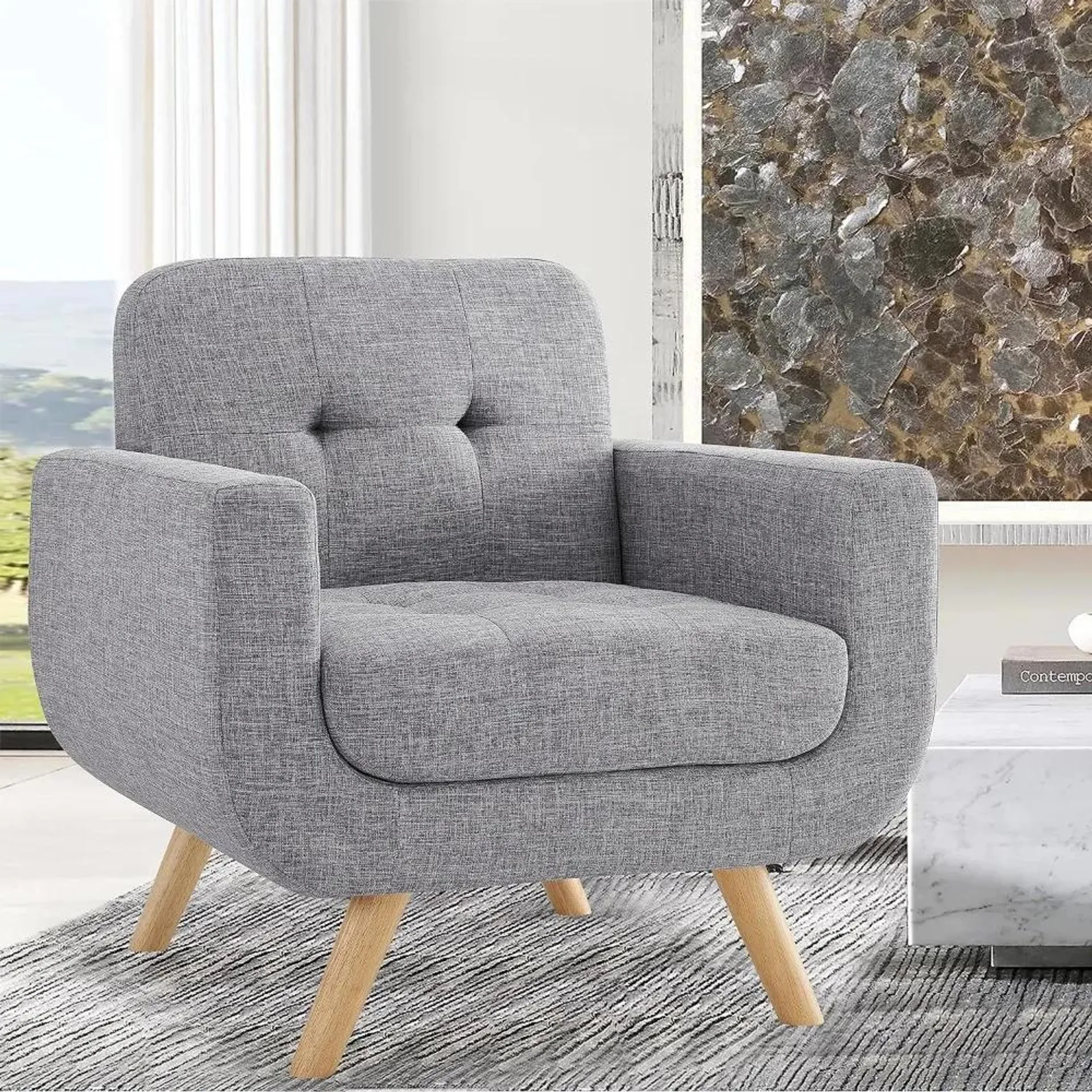 Contemporary Accent Armchair with Linen Upholstery Living Room Furniture, 1SEAT, Living Room Chairs, Suitable for Living Room