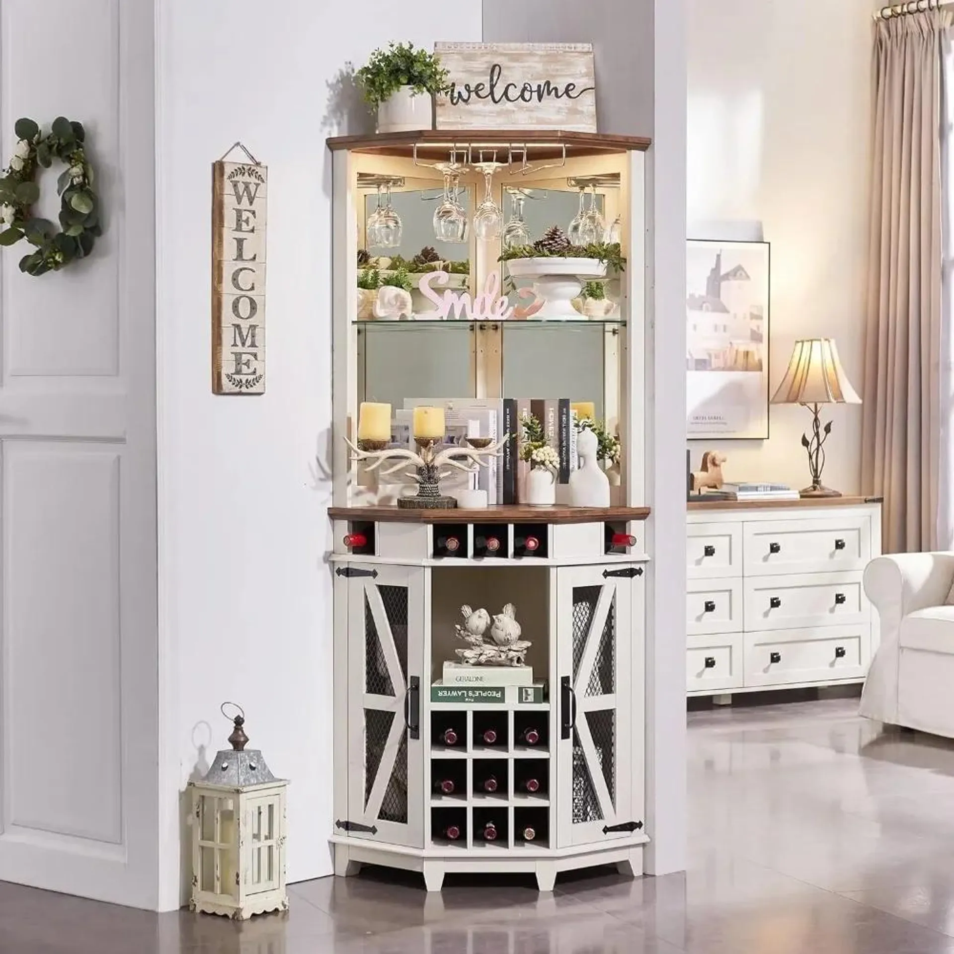 Bar Cabinets,For Home W/LED Lights & Glass Rack for Dining Room, Living Room, Kitchen, Antique White,Bars Display Cabinets