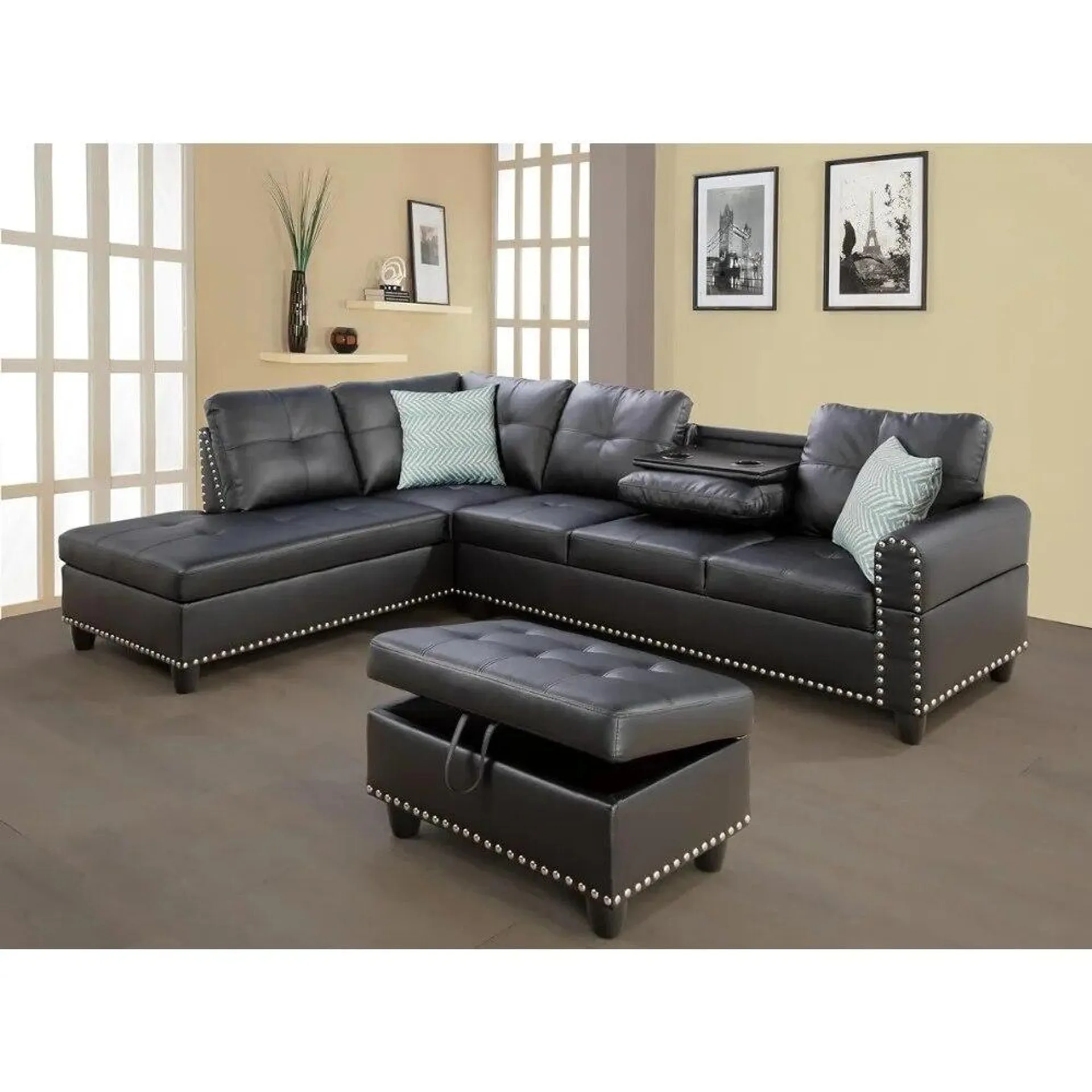 Living room sofa L-shaped 6-seater, spacious with removable ottoman, faux leather upholstered sectional sofa