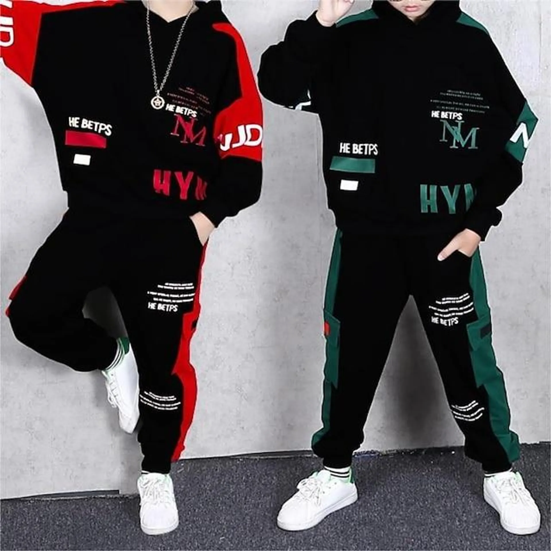 2 Piezas Niños Chico Sudadera con capucha y Pantalones Vestimenta Graphic Letra Manga Larga Bolsillo Establecer Exterior Moda Fresco Primavera Otoño 7-13 años Negro Verde Oscuro