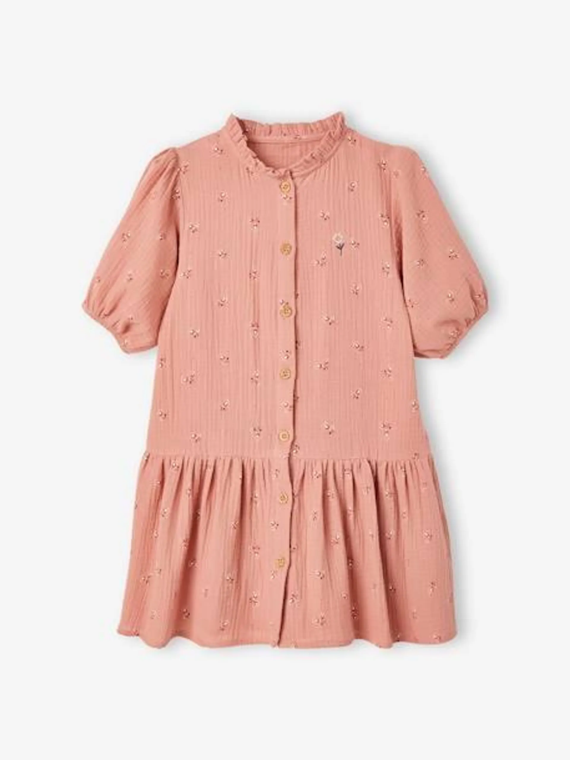 Vestido com botões, mangas 3/4, em gaze de algodão, para menina - rosa-blush