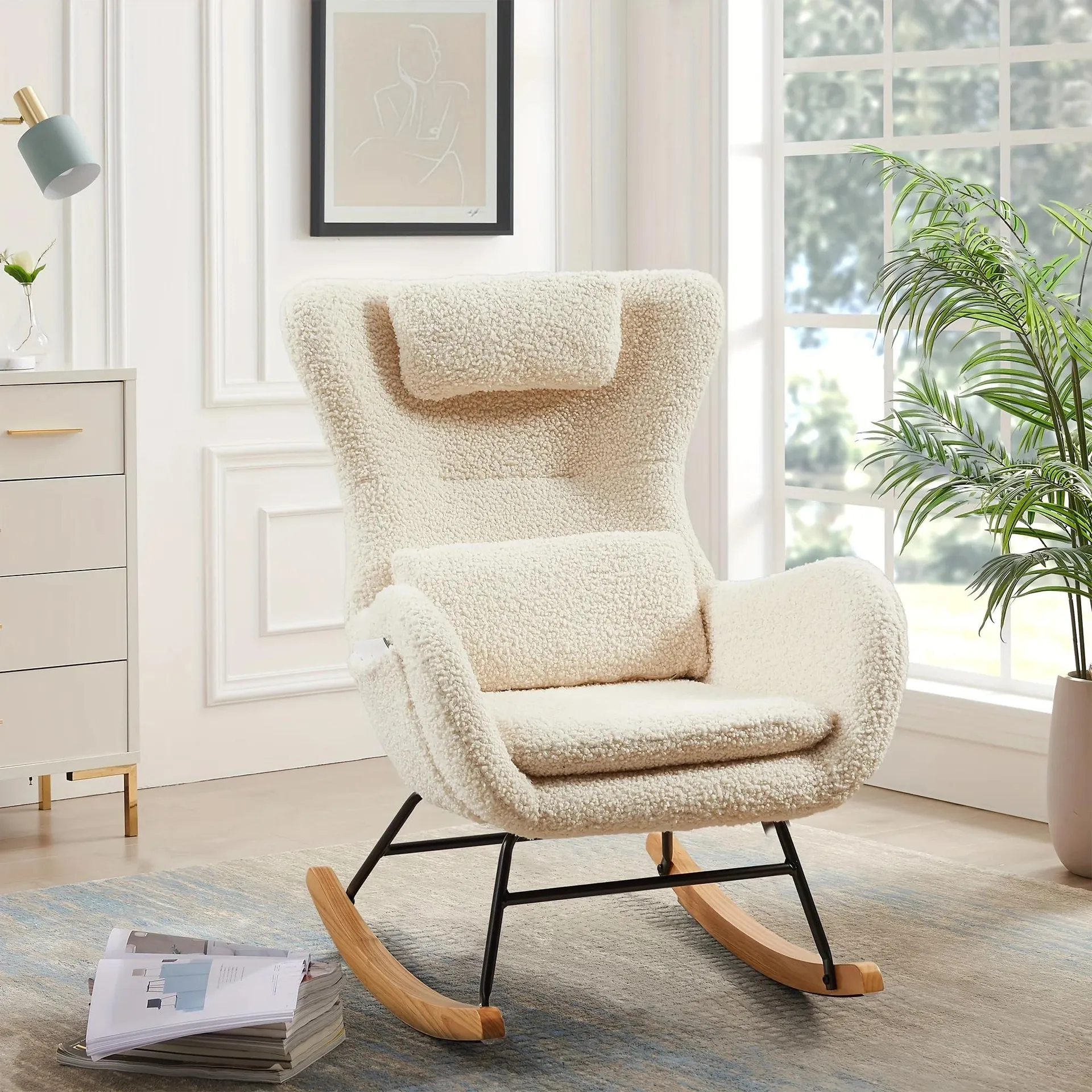 1pc Rocking Chair, High Backrest Rocking Accent Chair, Padded Seat Chaise Lounge With Headrest, Comfy Chair For Home Bedroom