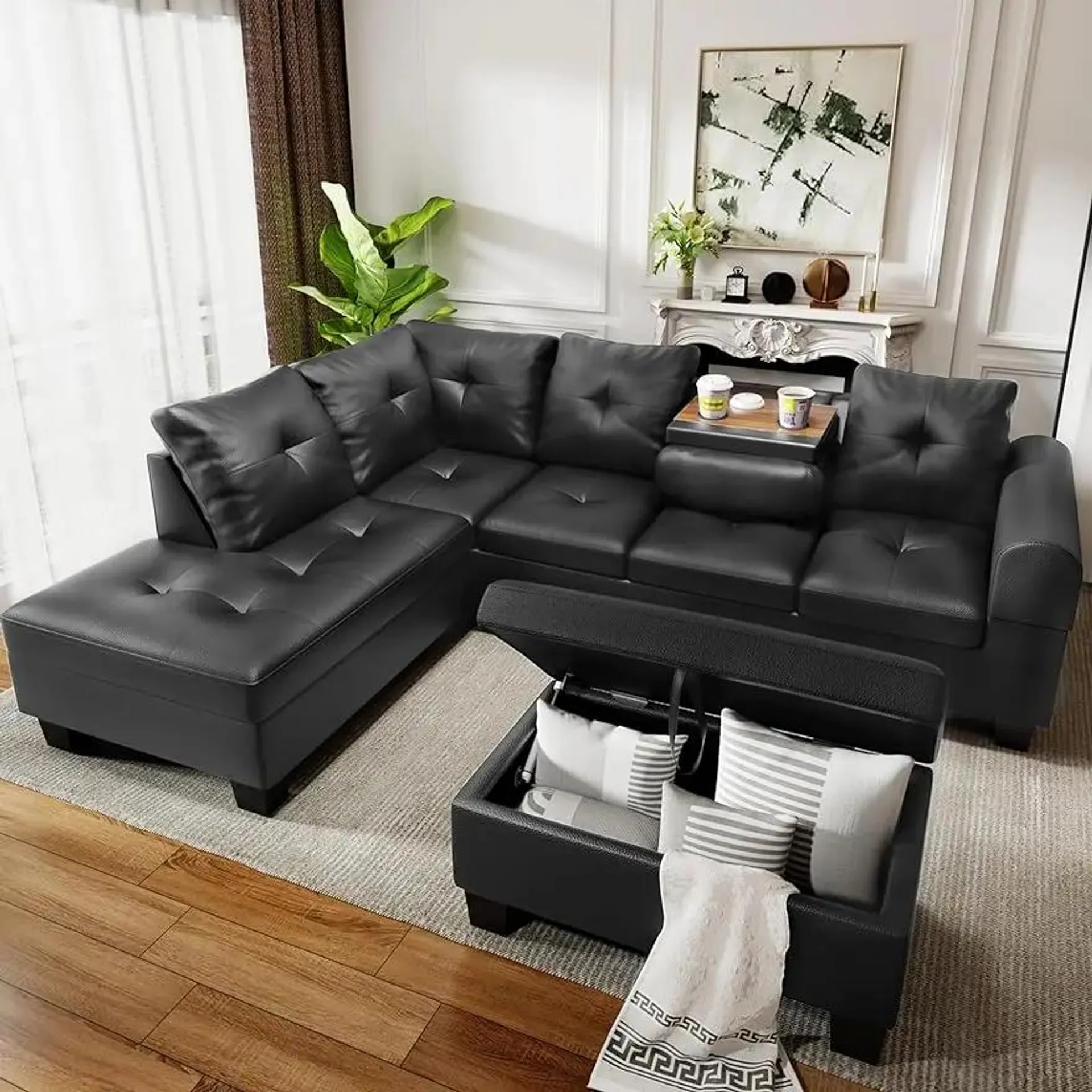 Faux Leather/Linen Fabric Sectional Sofa Couch, Modern L-Shaped Modular Couch Upholstered 3/6 Seaters Living Room Sofa Couch