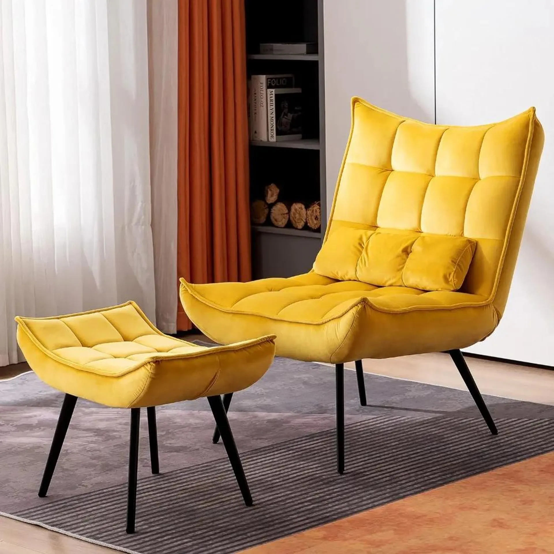 Accent Chair with Ottoman, Upholstered Leisure Chairs with Metal Legs for Bedroom Living Room (Yellow)