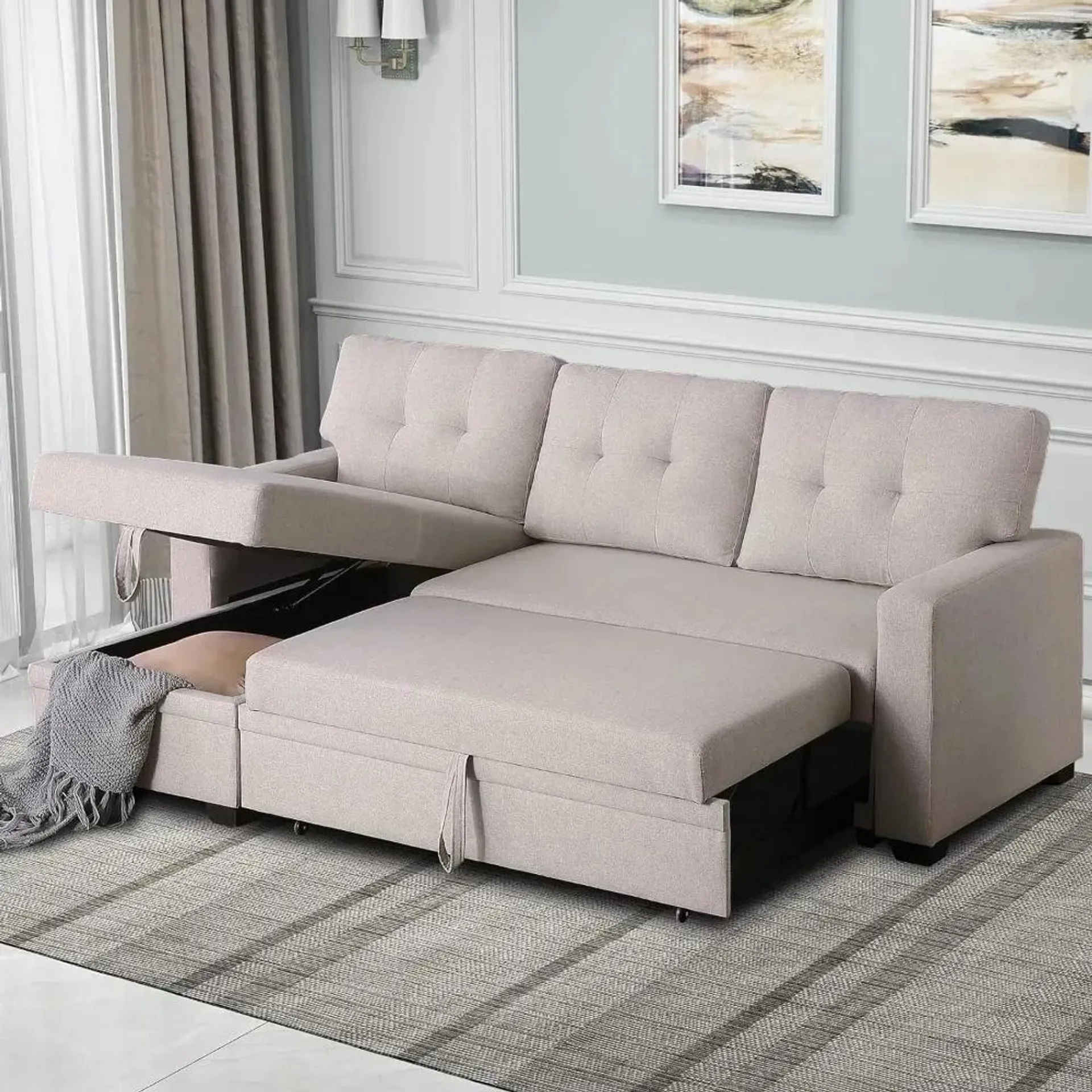 Pull Out Bed and Storage Sectional Sleeper Sofa with Reversible Chaise for Living Room, Apartment, Bedroom