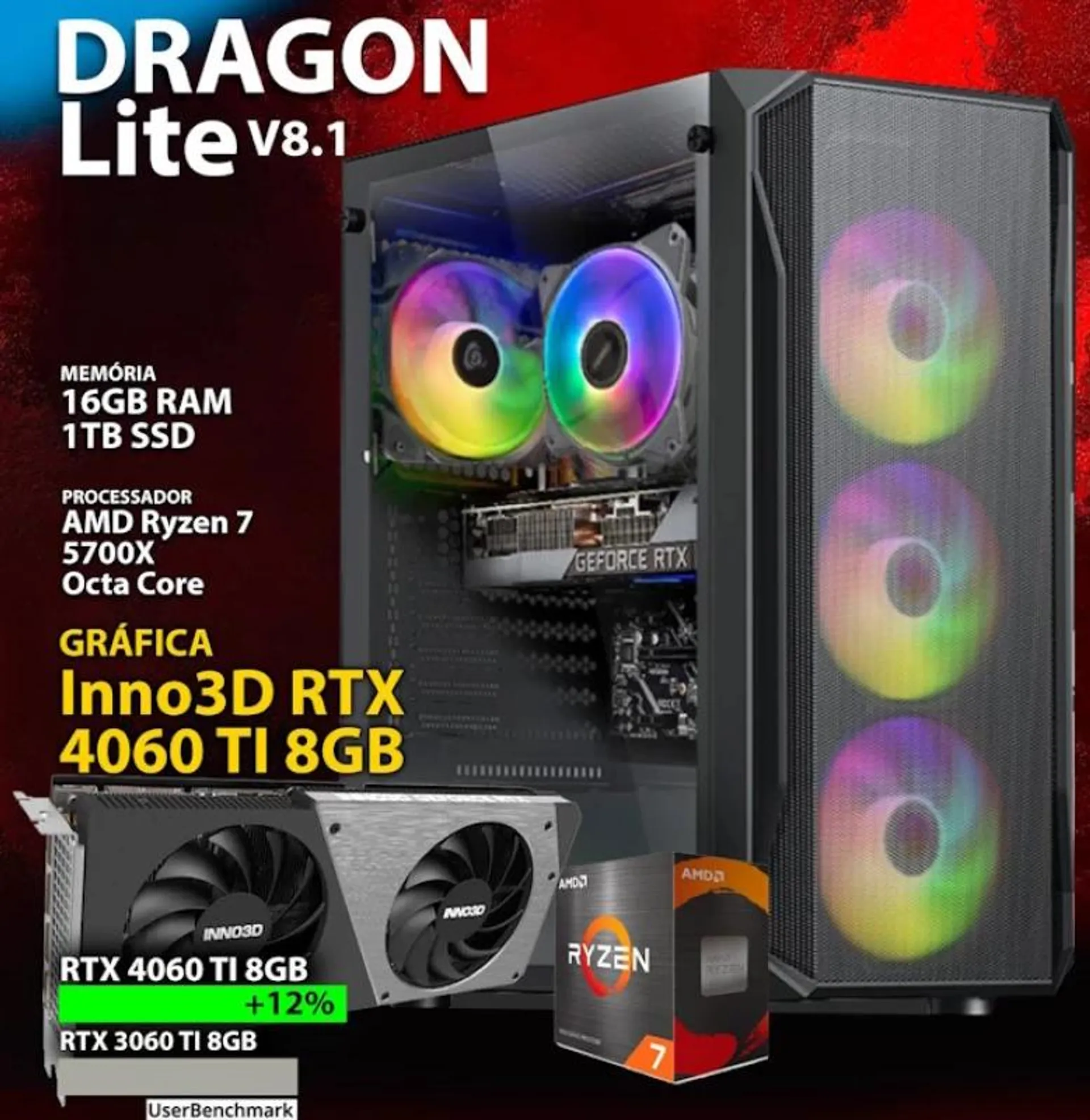 COMPUTADOR GAMING - AMD Ryzen 7 5700X / RTX 4060 TI 8GB / 16GB RAM / 1TB SSD - CHIP7 DRAGON LITE V8.1