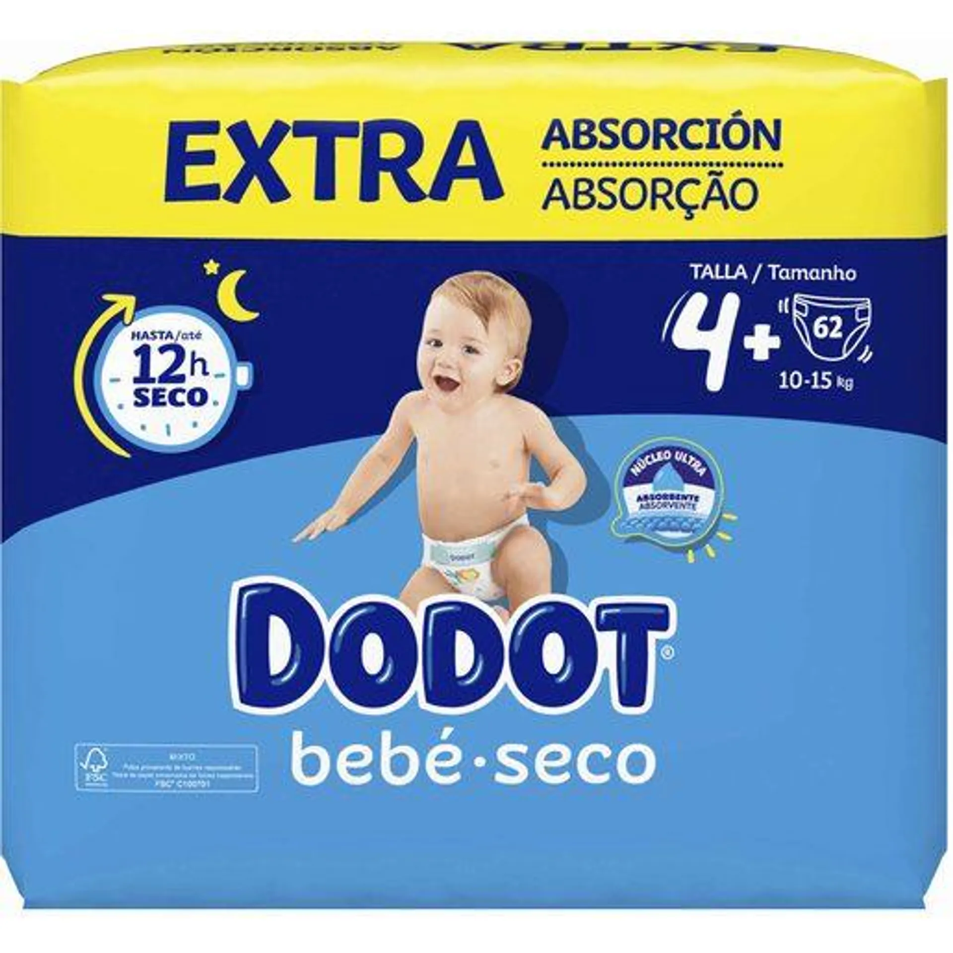 DODOT Fraldas Bebé Seco Tamanho 4+ (10-15 kg) 62 un