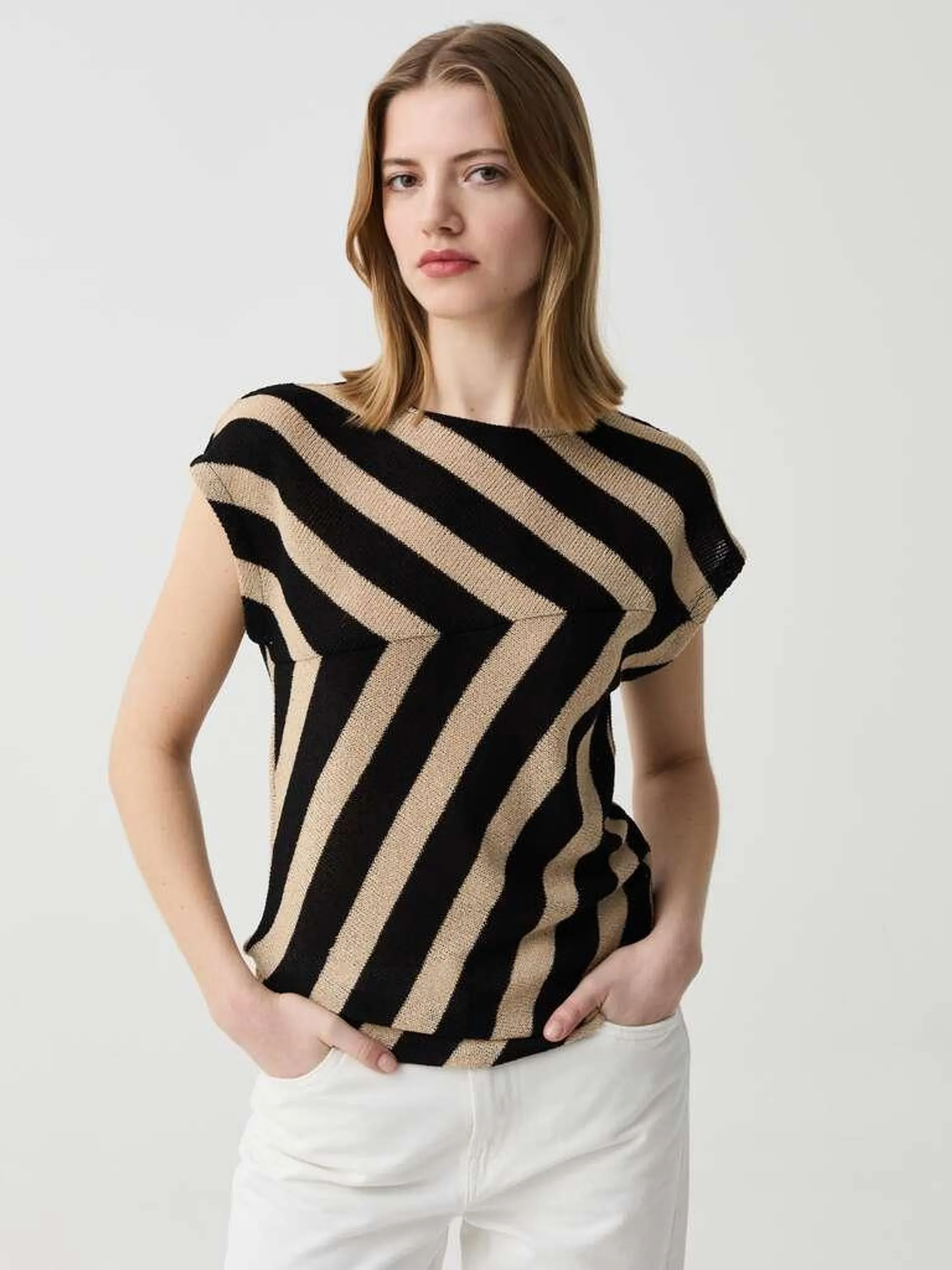 Black/Beige Striped top with kimono sleeves