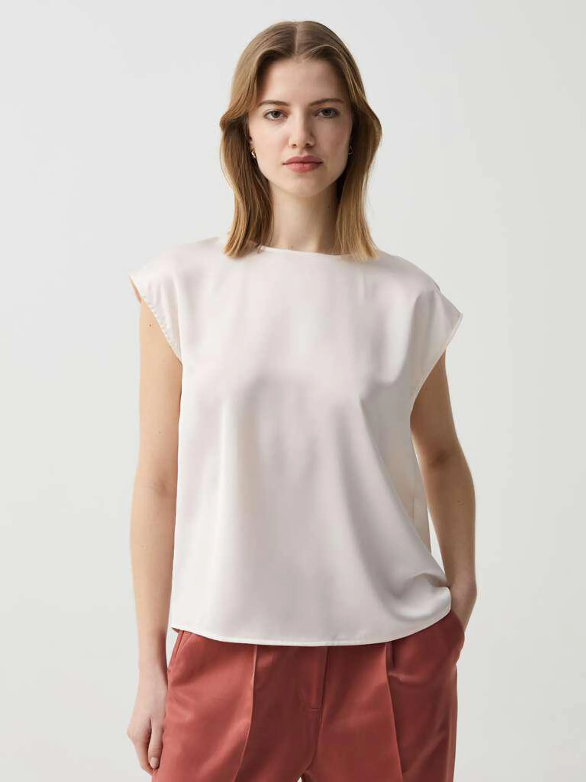 Milky White Satin blouse with short sleeves