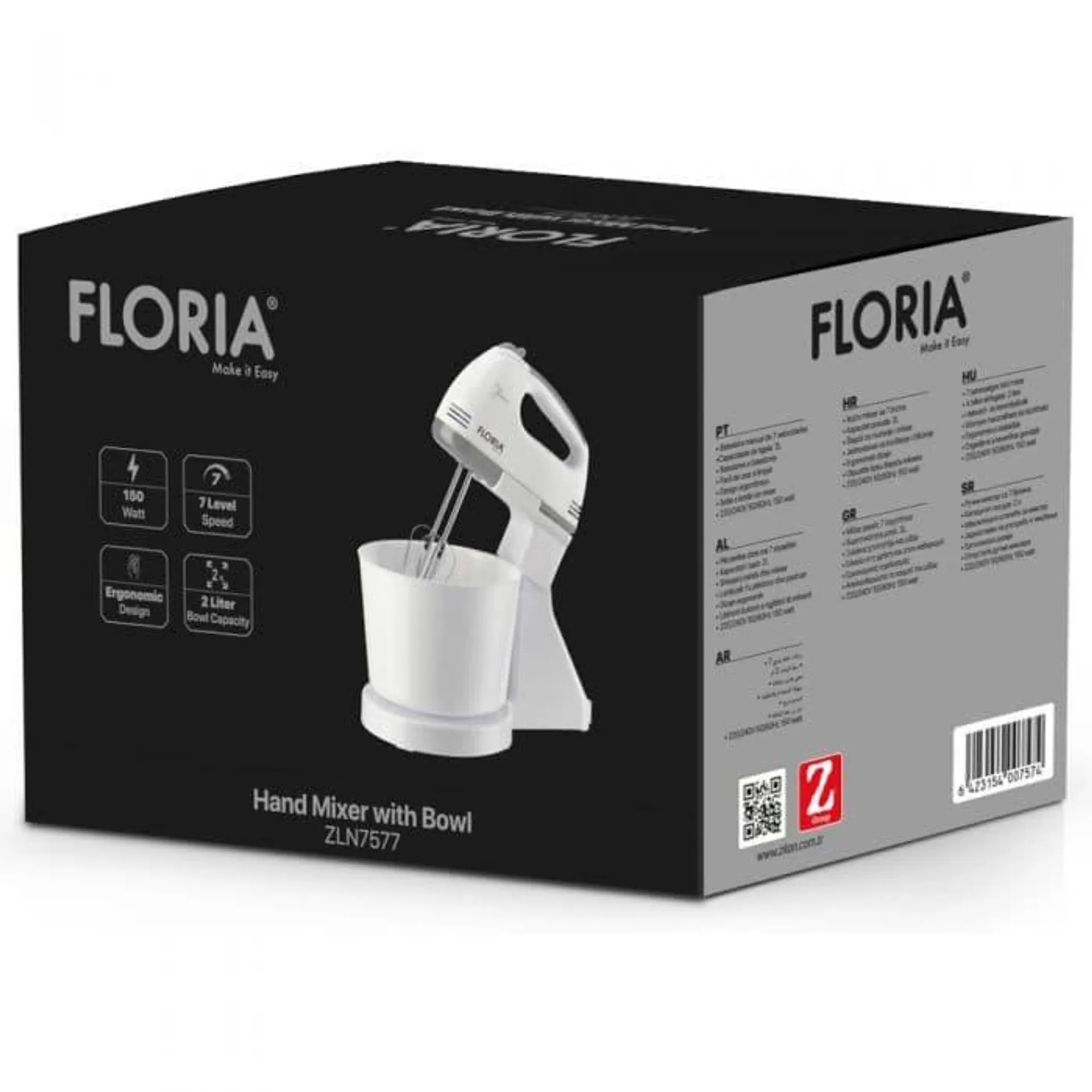 Mixer cu bol Floria ZLN7577, 150 W, Bol 2l, 7 viteze, Alb