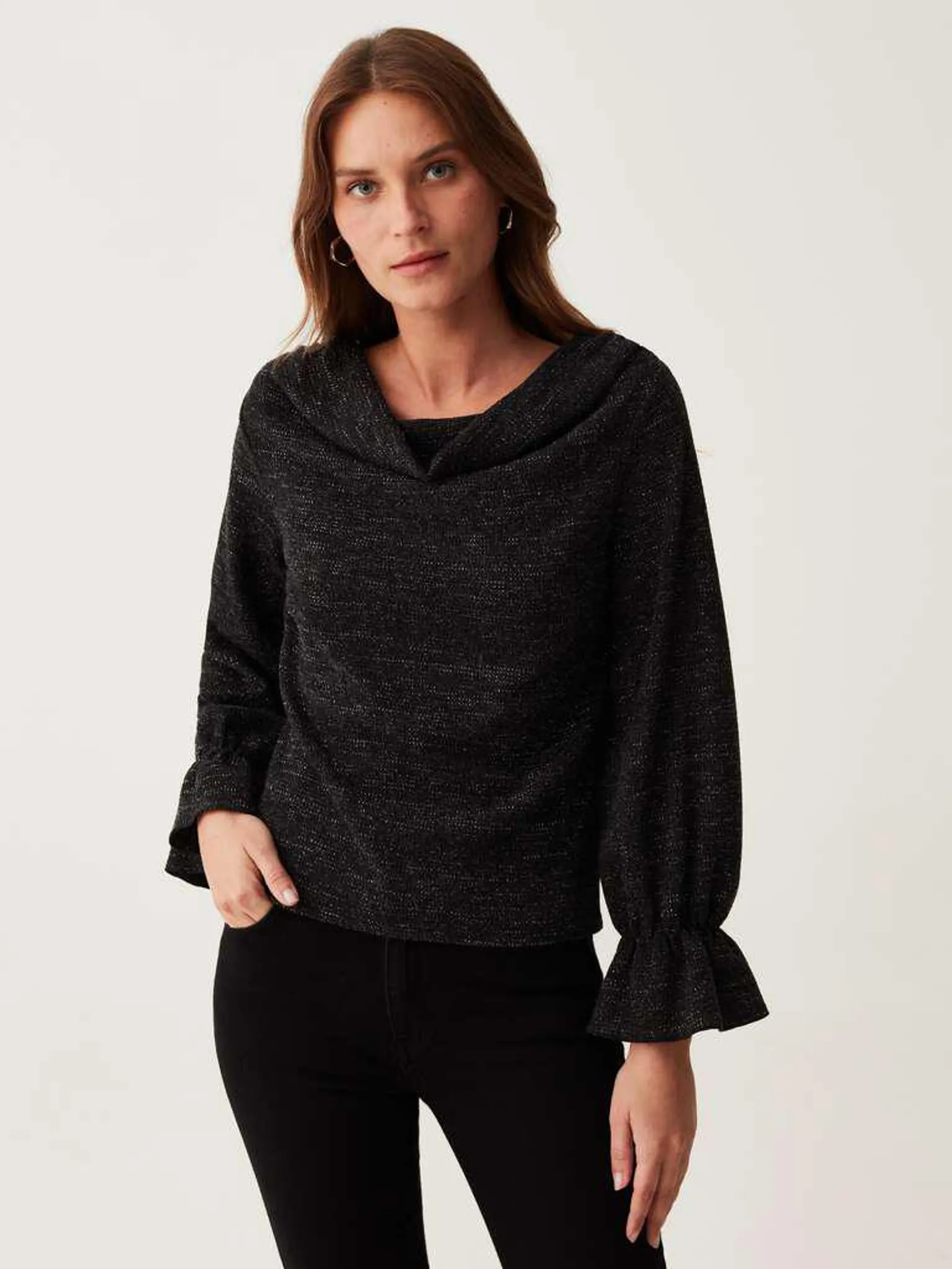 Dark Grey Long-sleeved T-shirt in lurex with flounce