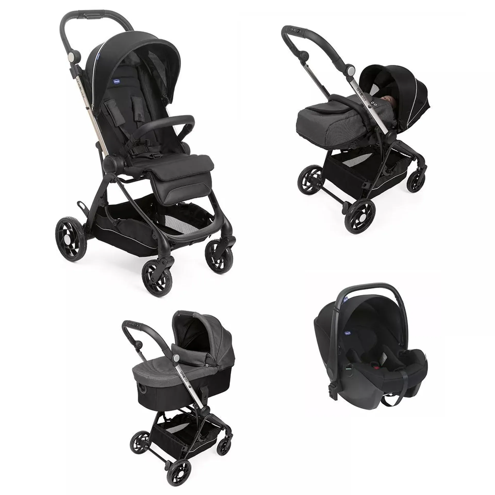 Carucior copii 4 in 1 Chicco One4Ever cu scaun auto Kory ISize, Pirate Black (Negru), de la nastere la 22Kg